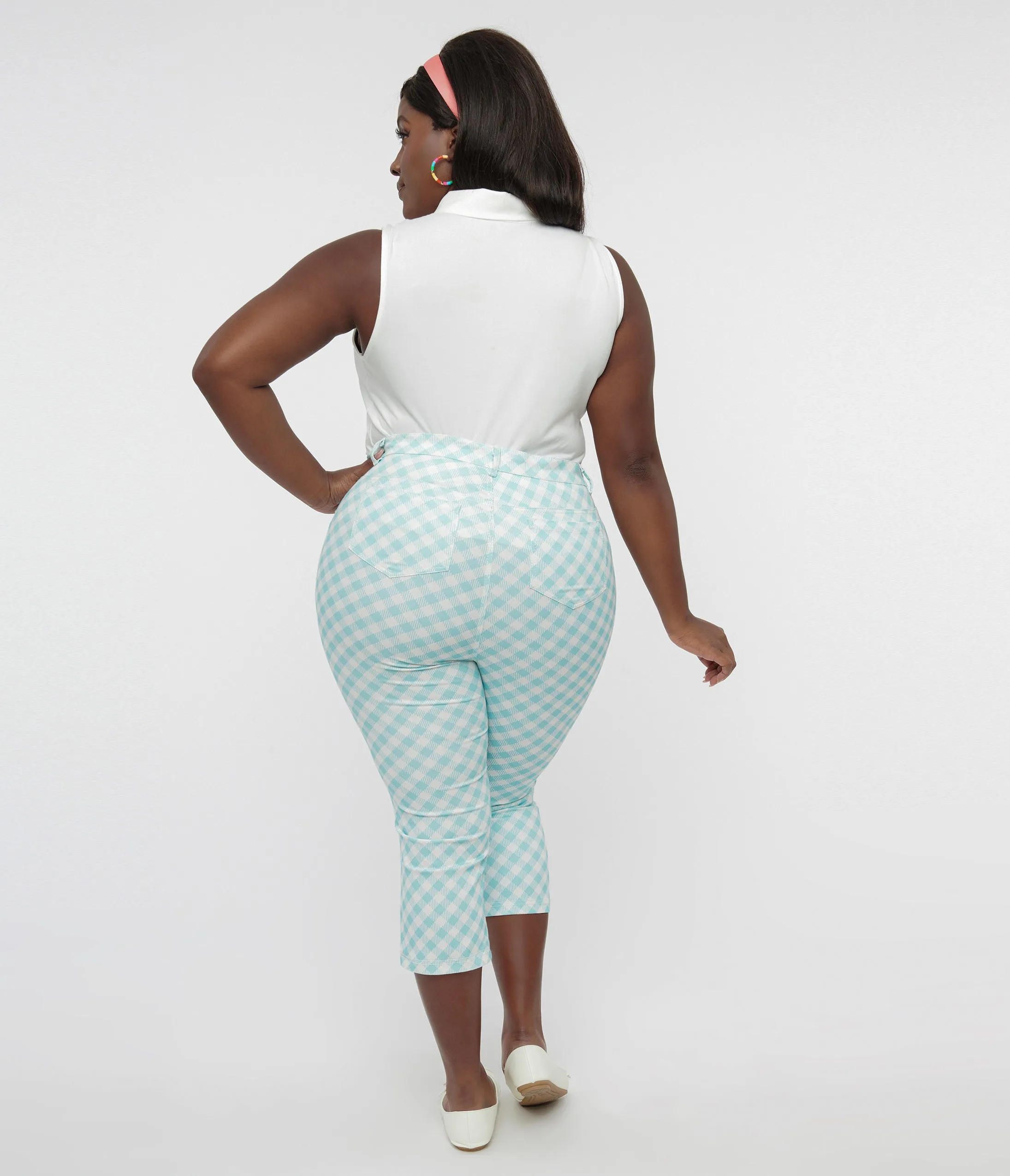 Smak Parlour Plus Size Light Blue & White Gingham Capri Pants Comfortable Travel Wear