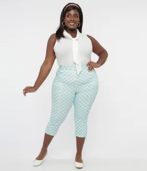 Smak Parlour Plus Size Light Blue & White Gingham Capri Pants Comfortable Travel Wear
