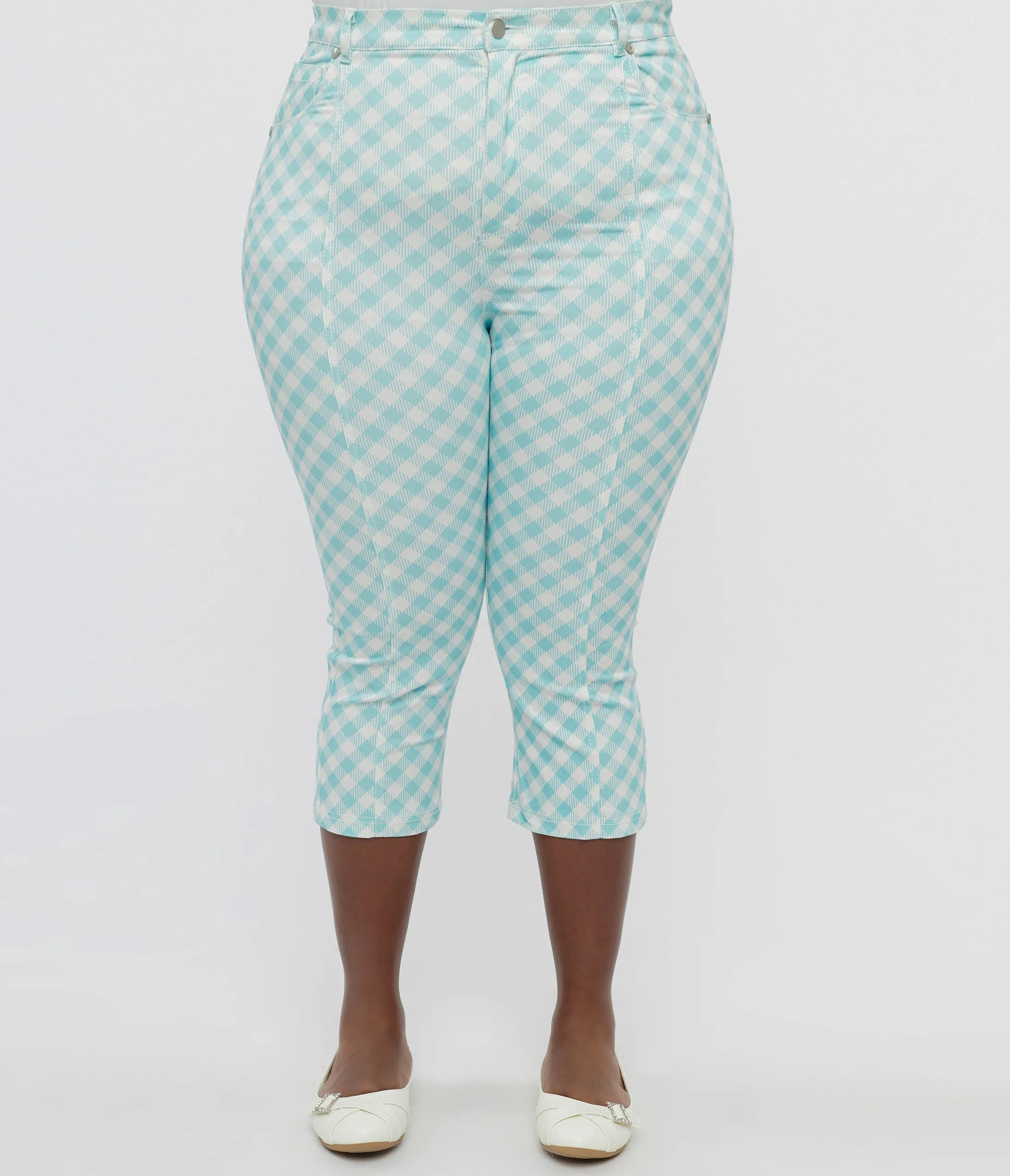 Smak Parlour Plus Size Light Blue & White Gingham Capri Pants Comfortable Travel Wear