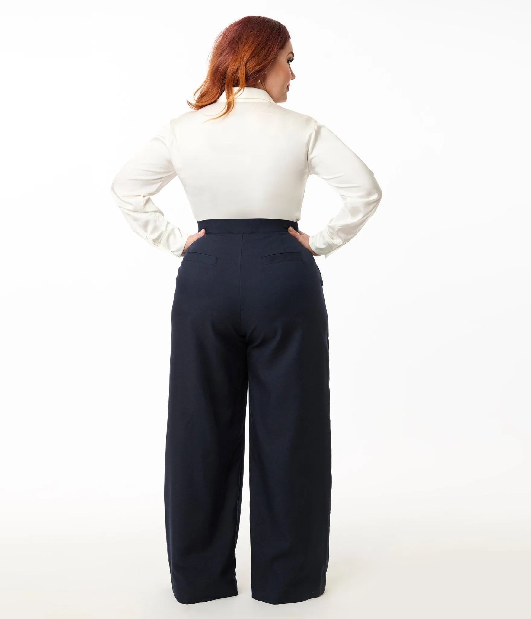 Smak Parlour Plus Size Navy & Silver Button Wide Leg Sailor Pants Comfortable Travel Wear