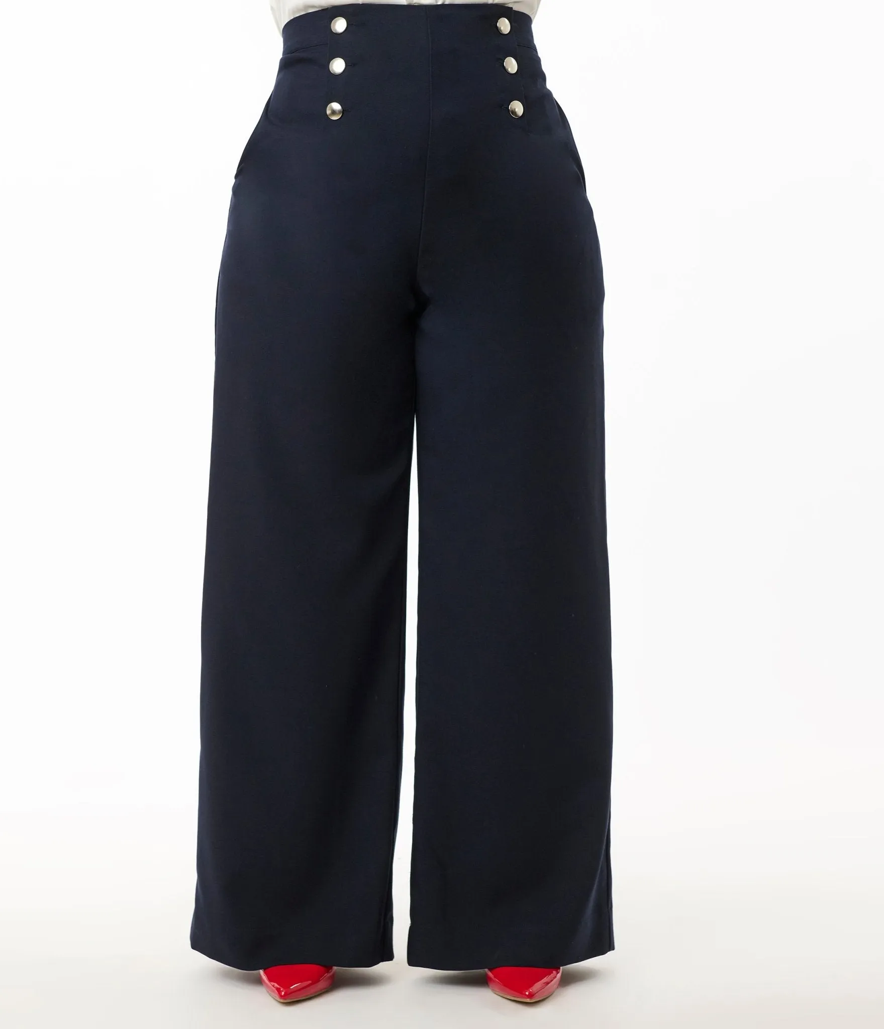 Smak Parlour Plus Size Navy & Silver Button Wide Leg Sailor Pants Comfortable Travel Wear