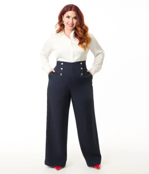 Smak Parlour Plus Size Navy & Silver Button Wide Leg Sailor Pants Comfortable Travel Wear