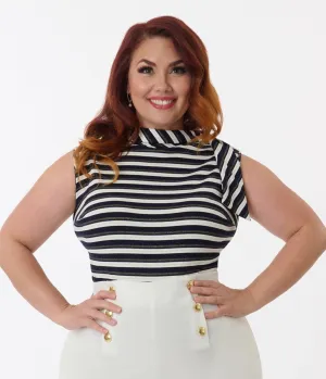 Smak Parlour Plus Size Navy & Silver Stripe Cowl Neck Tie Blouse Easy Date Night