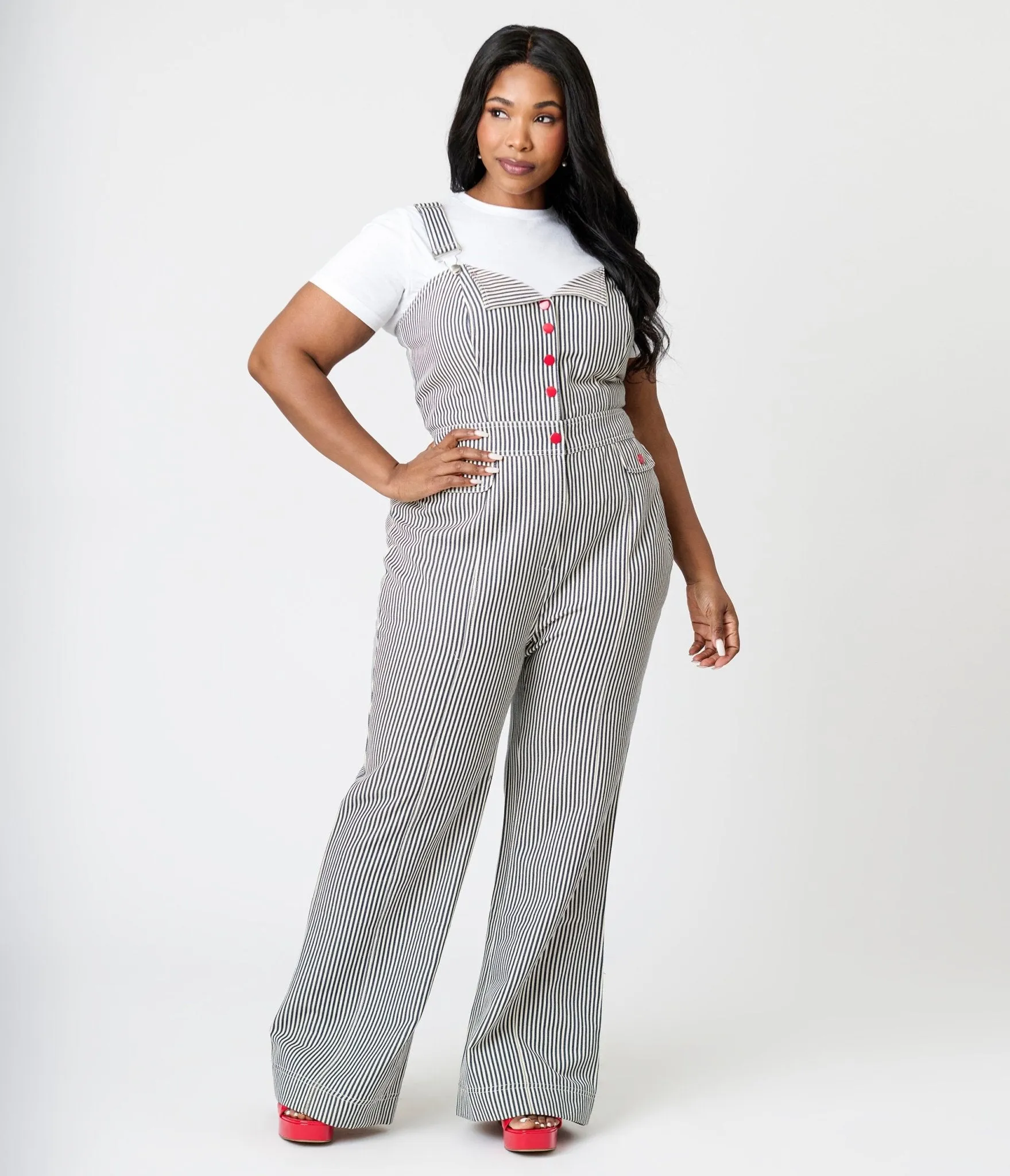 Smak Parlour Plus Size Navy Railroad Stripes Wide Leg Dungarees Comfortable Travel Wear