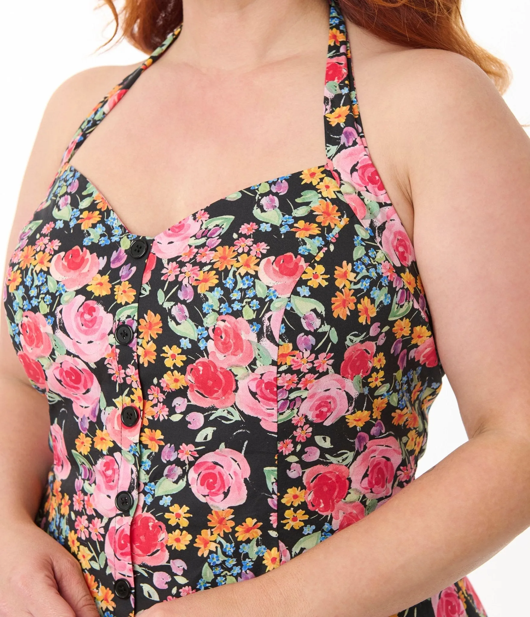 Smak Parlour Plus Size Painted Roses Sweetheart Halter Flare Dress Casual Everyday Look