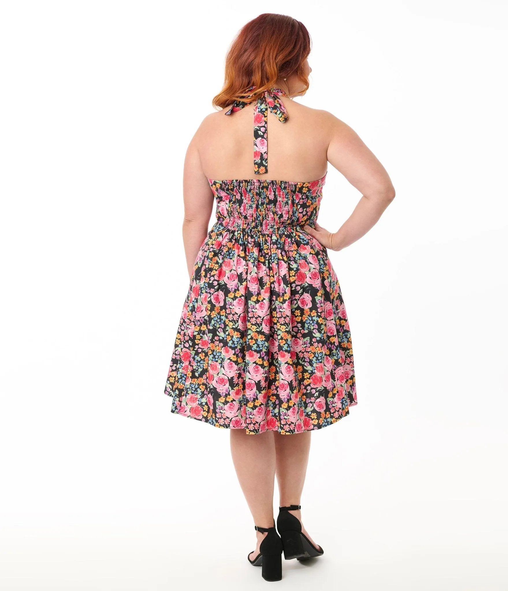 Smak Parlour Plus Size Painted Roses Sweetheart Halter Flare Dress Casual Everyday Look