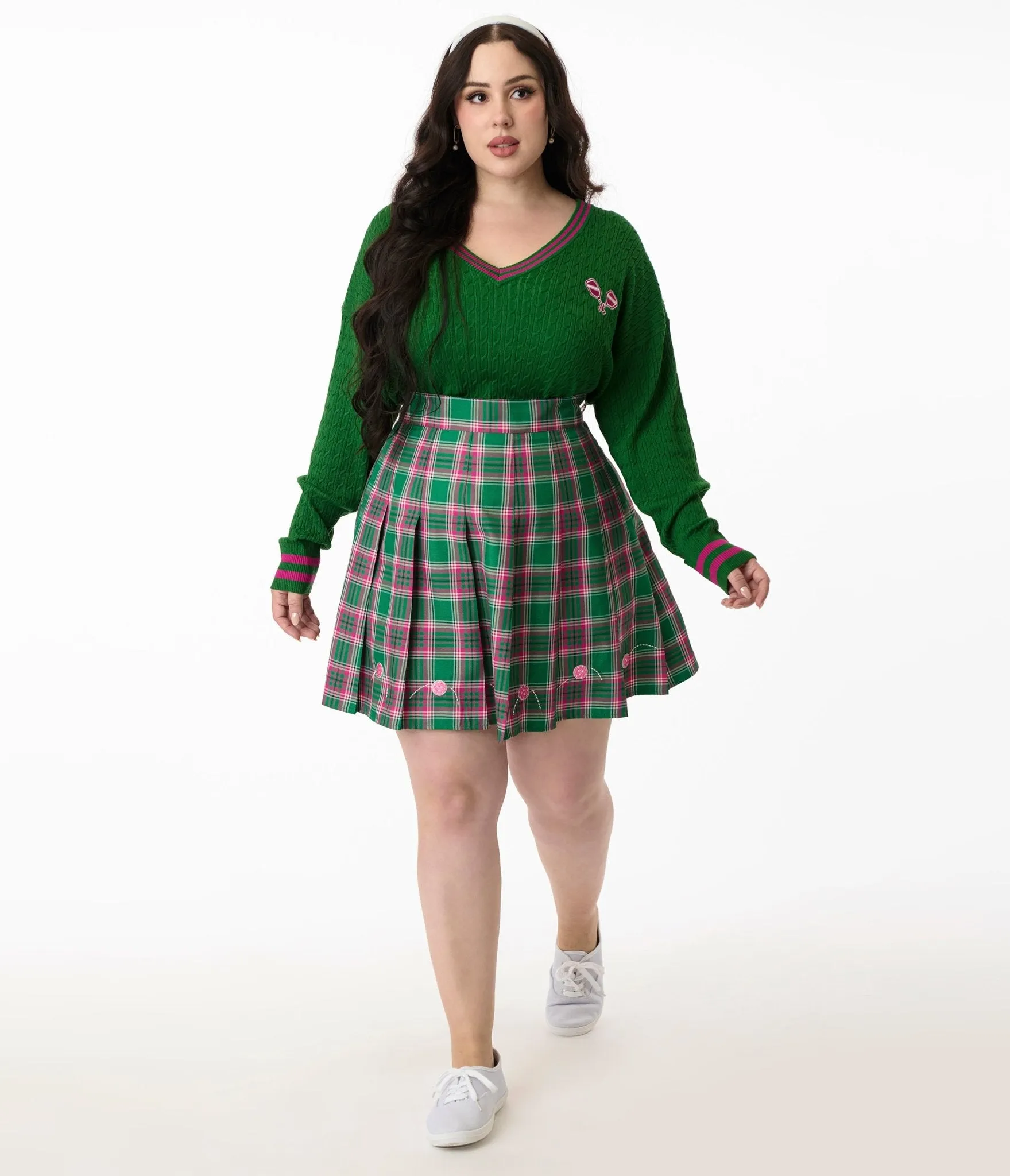 Smak Parlour Plus Size Pink & Green Plaid Pickleball Pleated Mini Skirt Comfortable Travel Wear