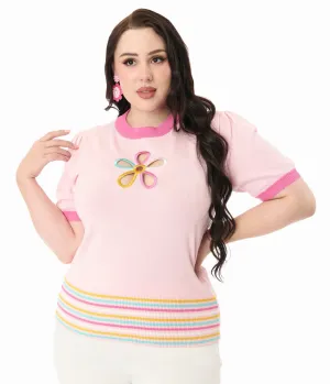 Smak Parlour Plus Size Pink & Rainbow Flower Cutout Sweater Easy Date Night