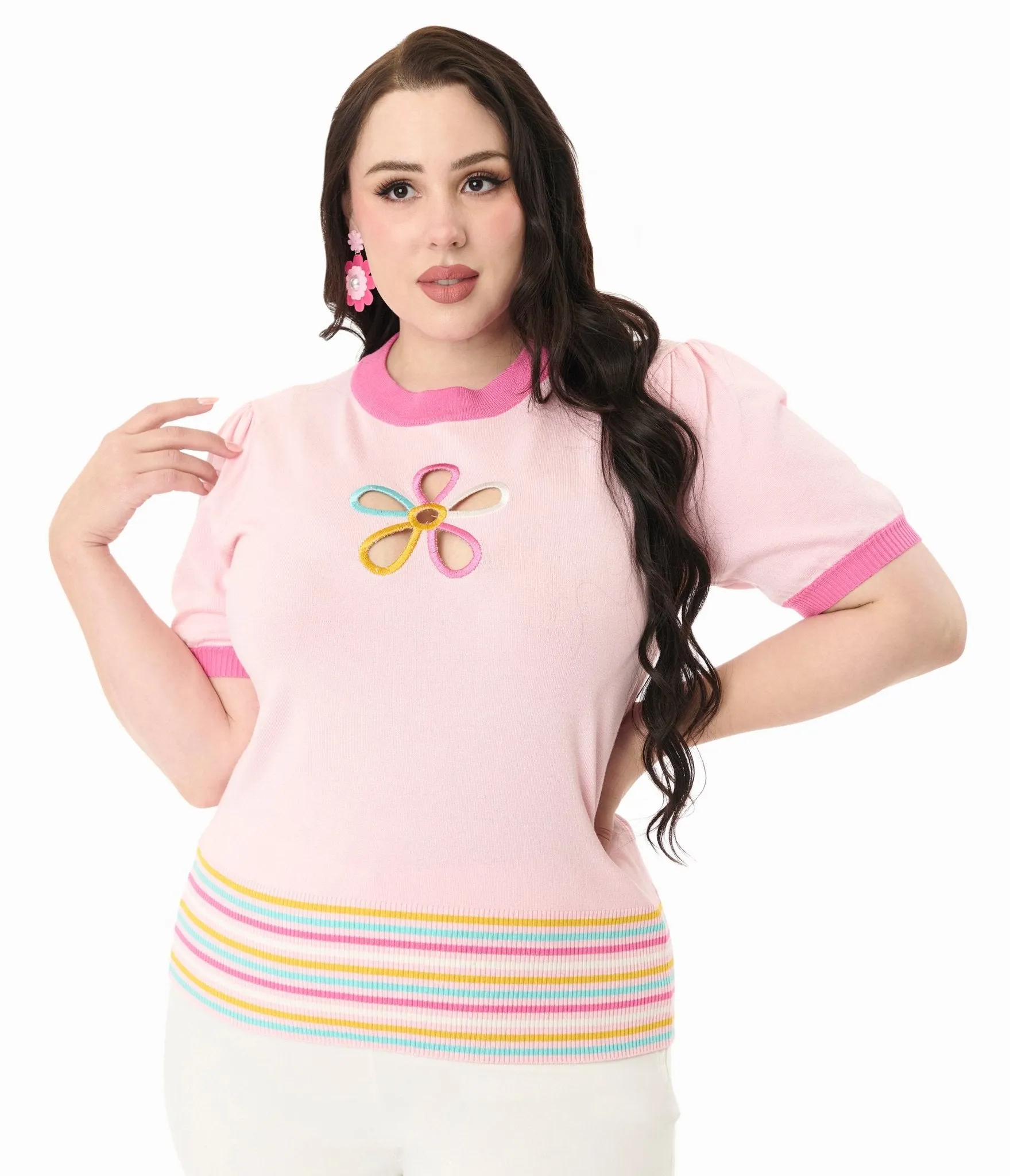 Smak Parlour Plus Size Pink & Rainbow Flower Cutout Sweater Easy Date Night