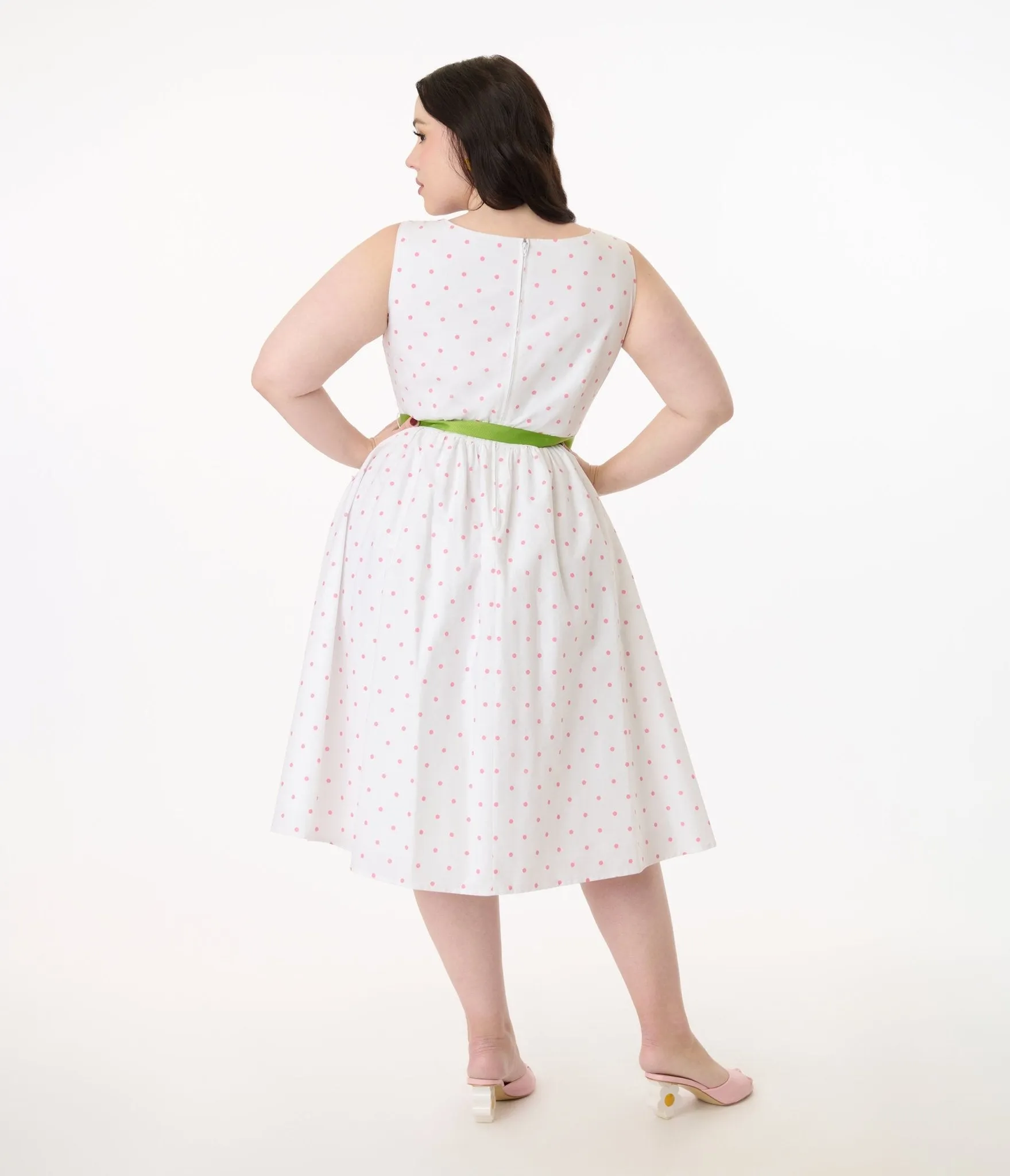 Smak Parlour Plus Size Pink Pin Dot Tulip Sleeveless Swing Dress Casual Everyday Look