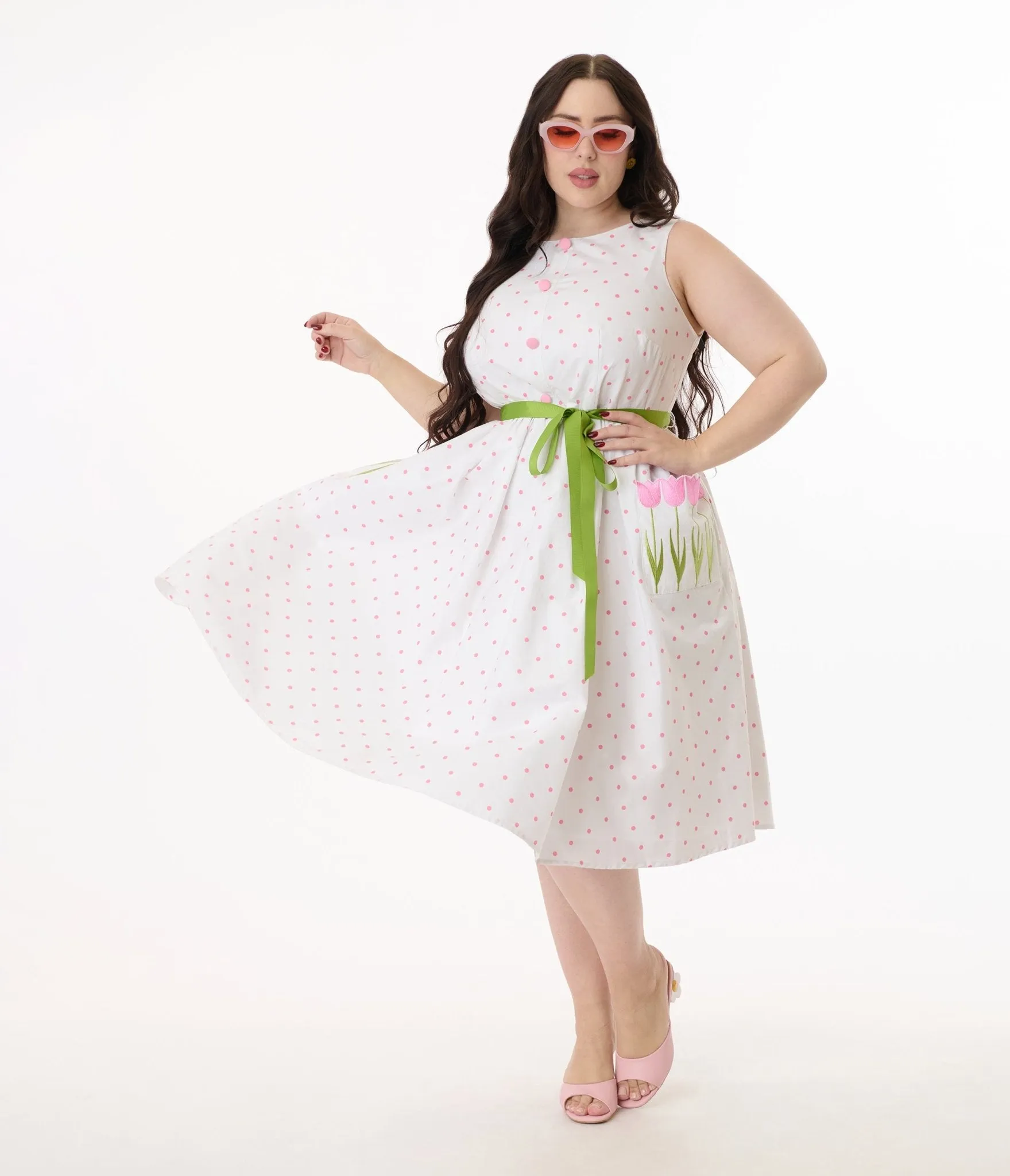 Smak Parlour Plus Size Pink Pin Dot Tulip Sleeveless Swing Dress Casual Everyday Look
