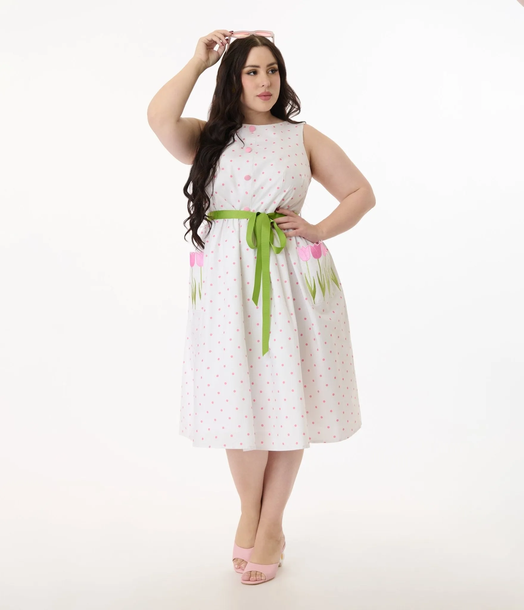 Smak Parlour Plus Size Pink Pin Dot Tulip Sleeveless Swing Dress Casual Everyday Look