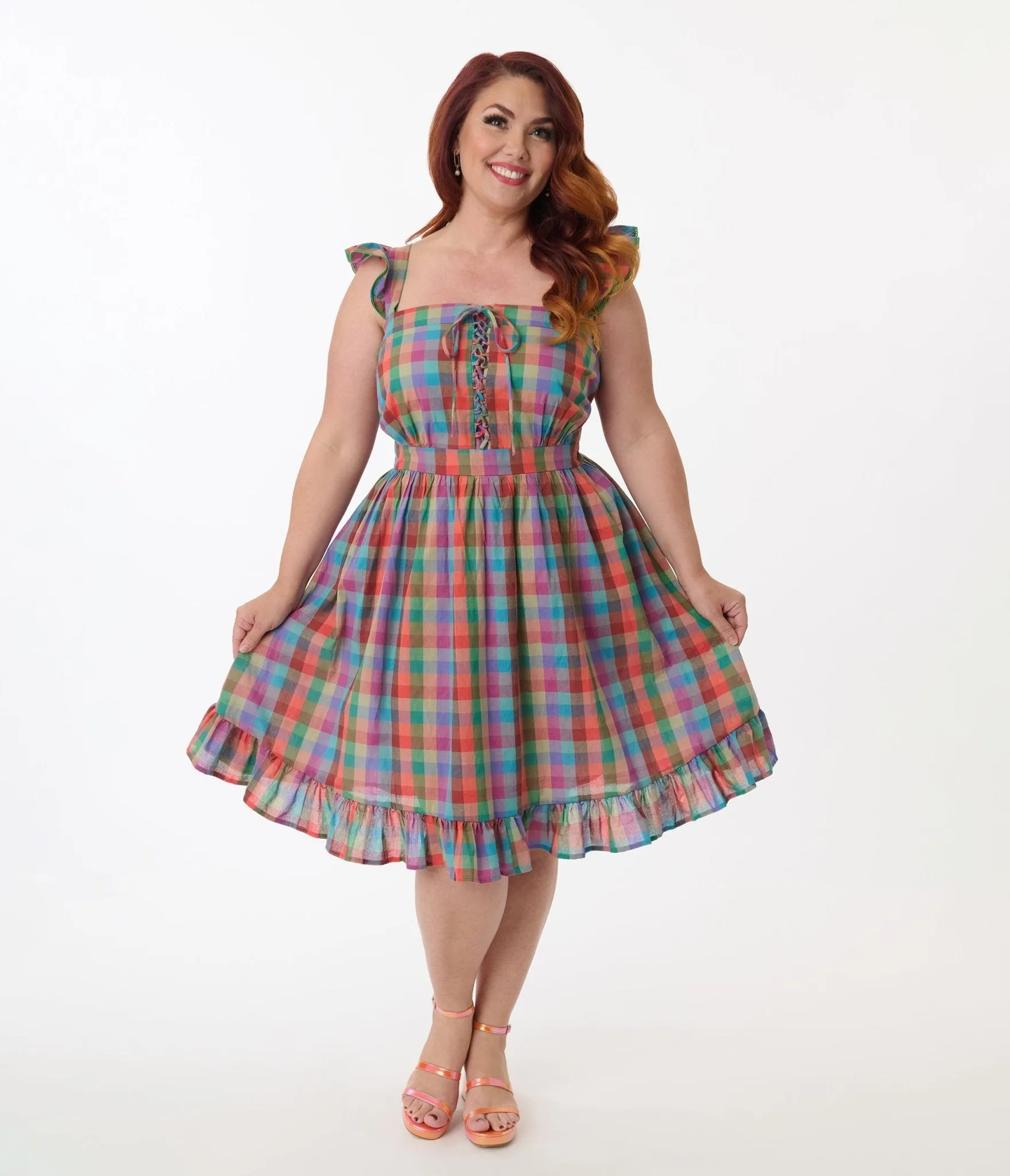 Smak Parlour Plus Size Rainbow Plaid Corset Fit & Flare Dress Casual Everyday Look