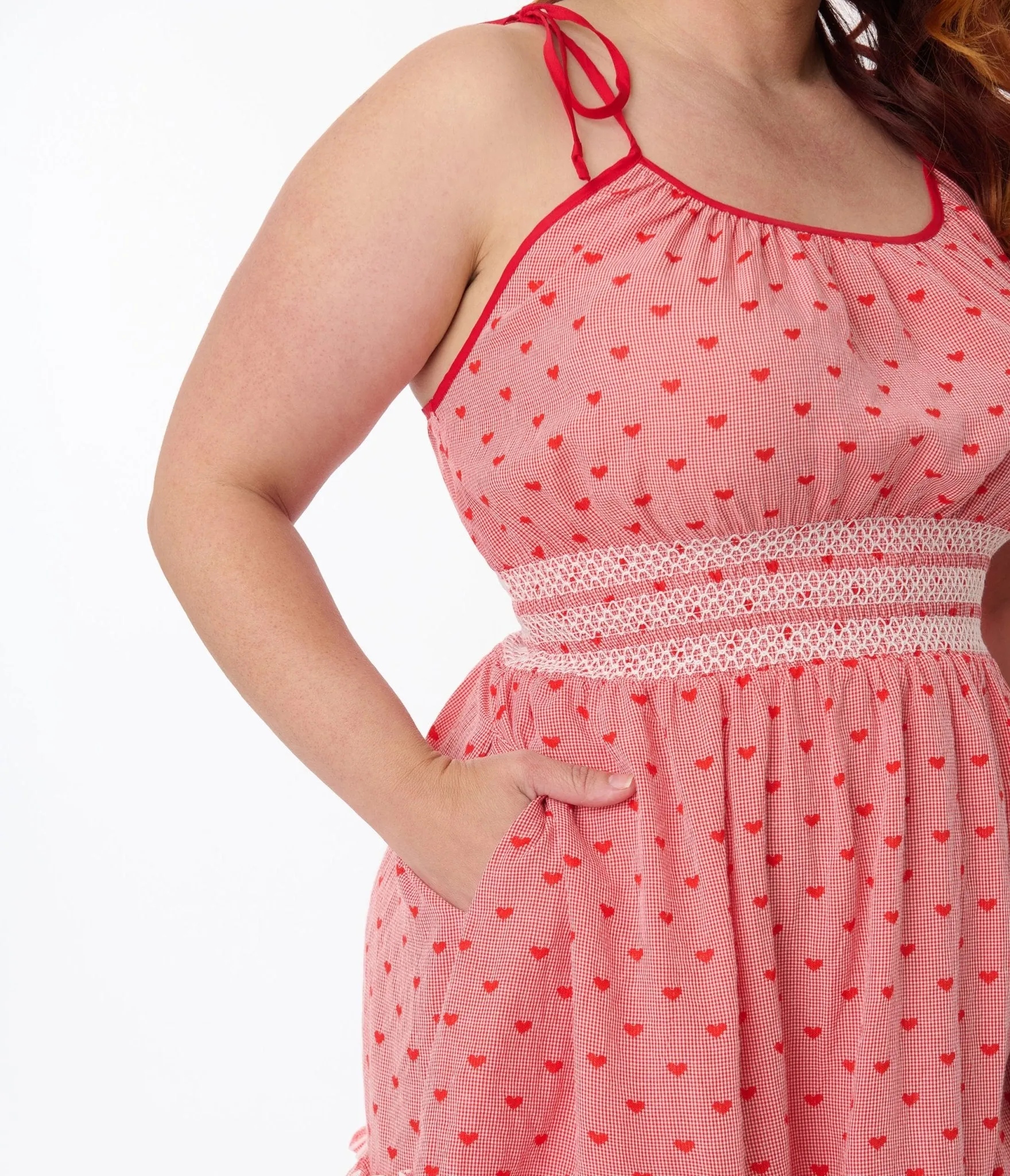 Smak Parlour Plus Size Red Gingham Hearts Tiered Cotton Flare Dress Casual Everyday Look