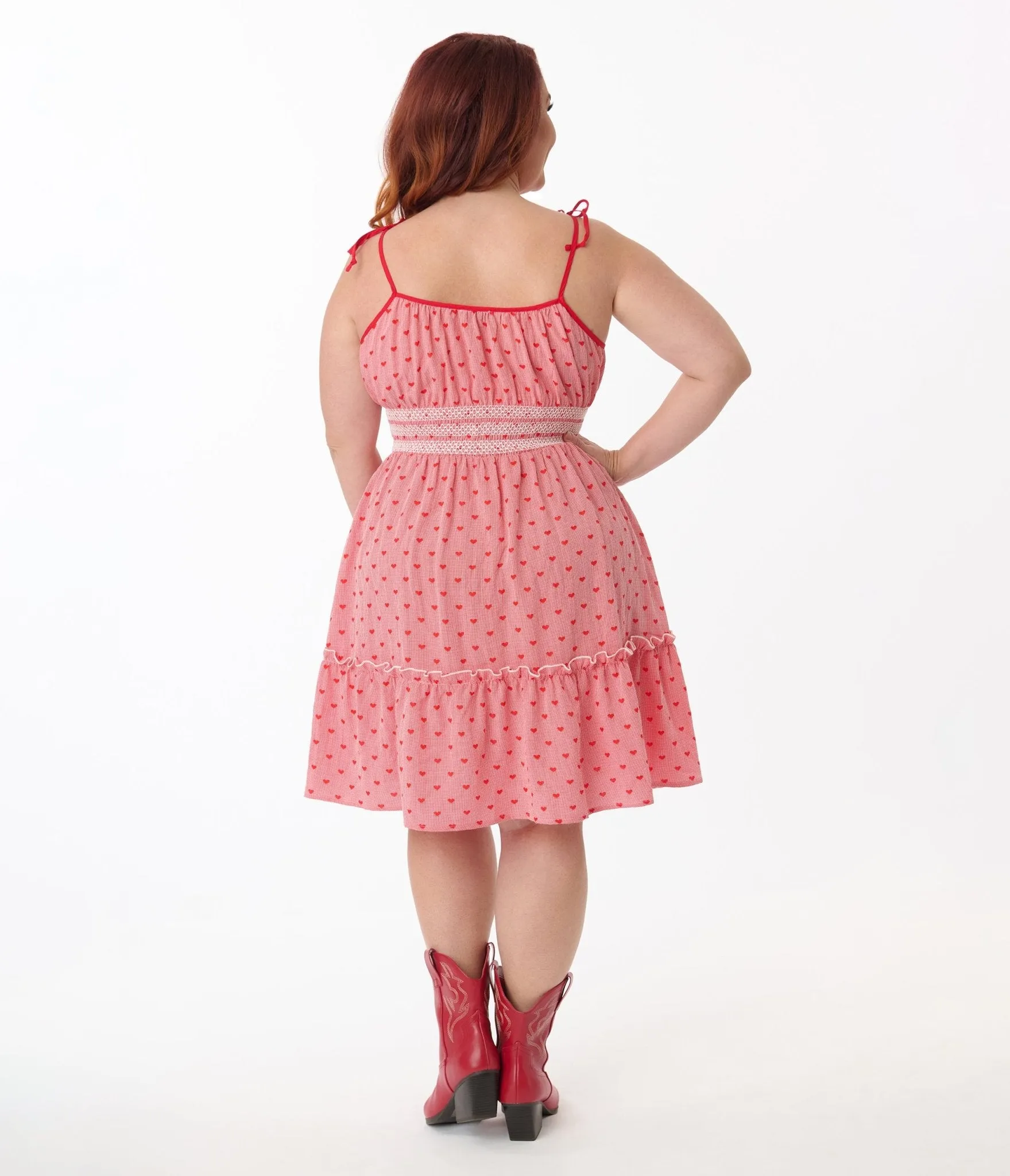 Smak Parlour Plus Size Red Gingham Hearts Tiered Cotton Flare Dress Casual Everyday Look