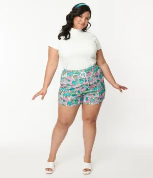 Smak Parlour Plus Size Teal Groovy Mushrooms Shorts Comfortable Travel Wear