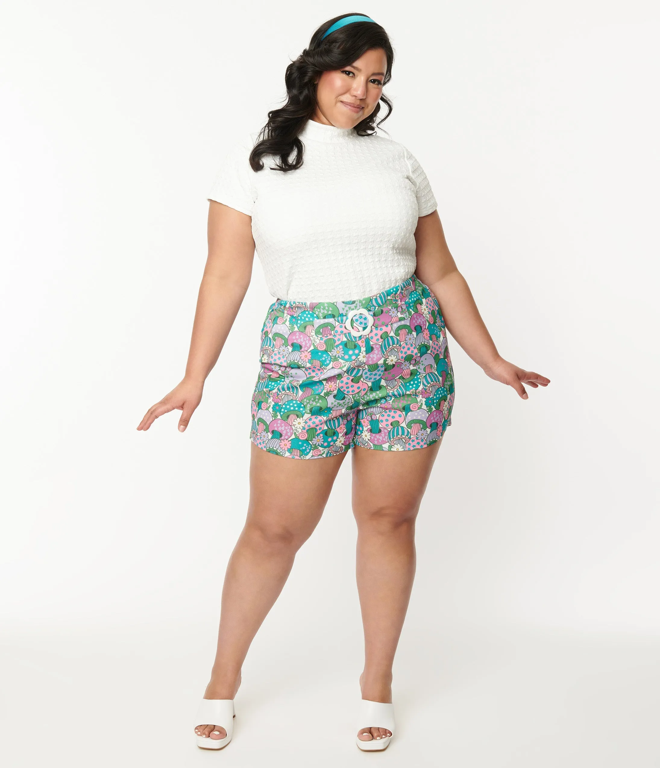 Smak Parlour Plus Size Teal Groovy Mushrooms Shorts Comfortable Travel Wear