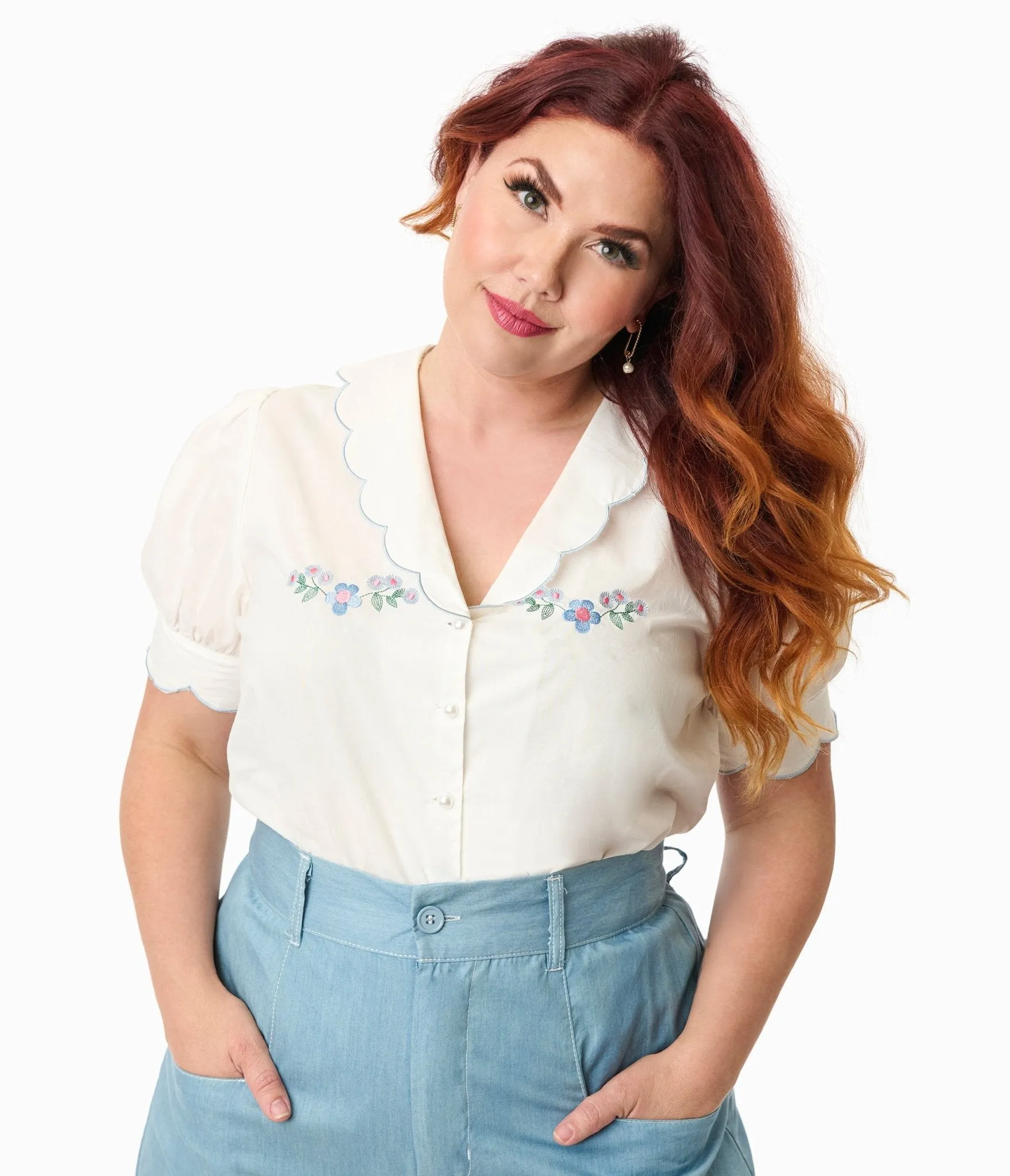 Smak Parlour Plus Size White & Blue Floral Embroidered Puff Sleeve Top Easy Date Night