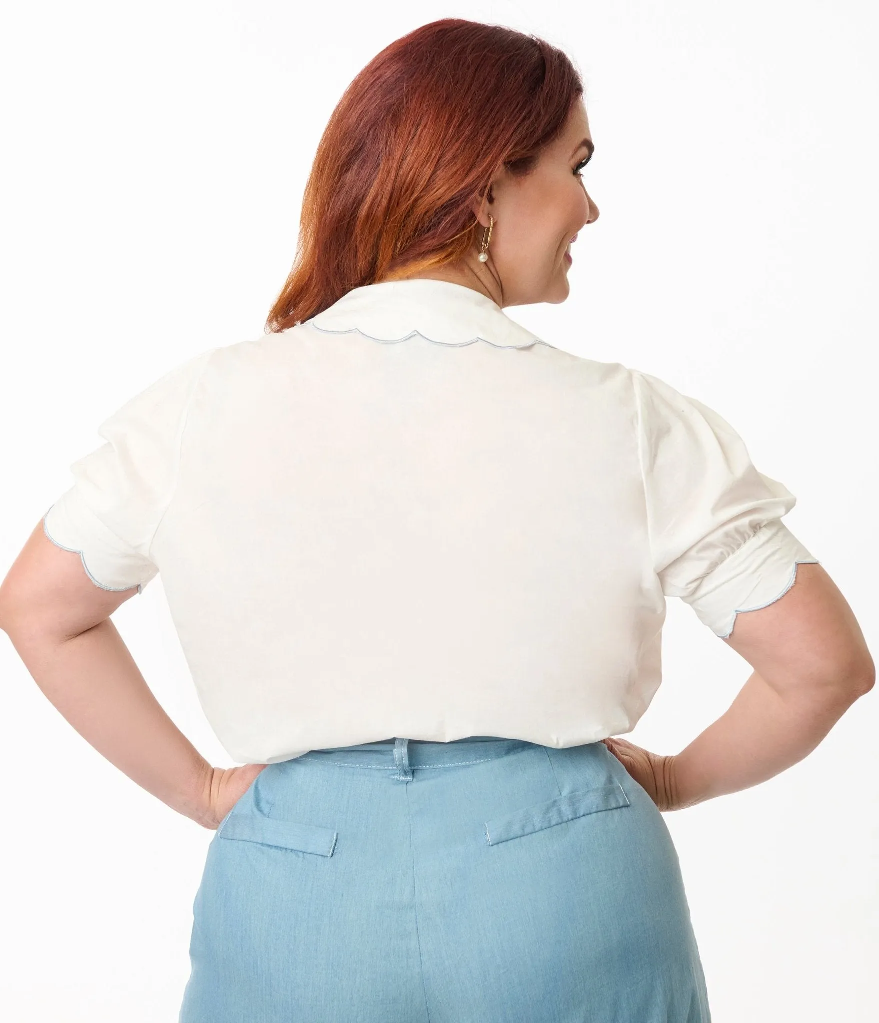 Smak Parlour Plus Size White & Blue Floral Embroidered Puff Sleeve Top Easy Date Night
