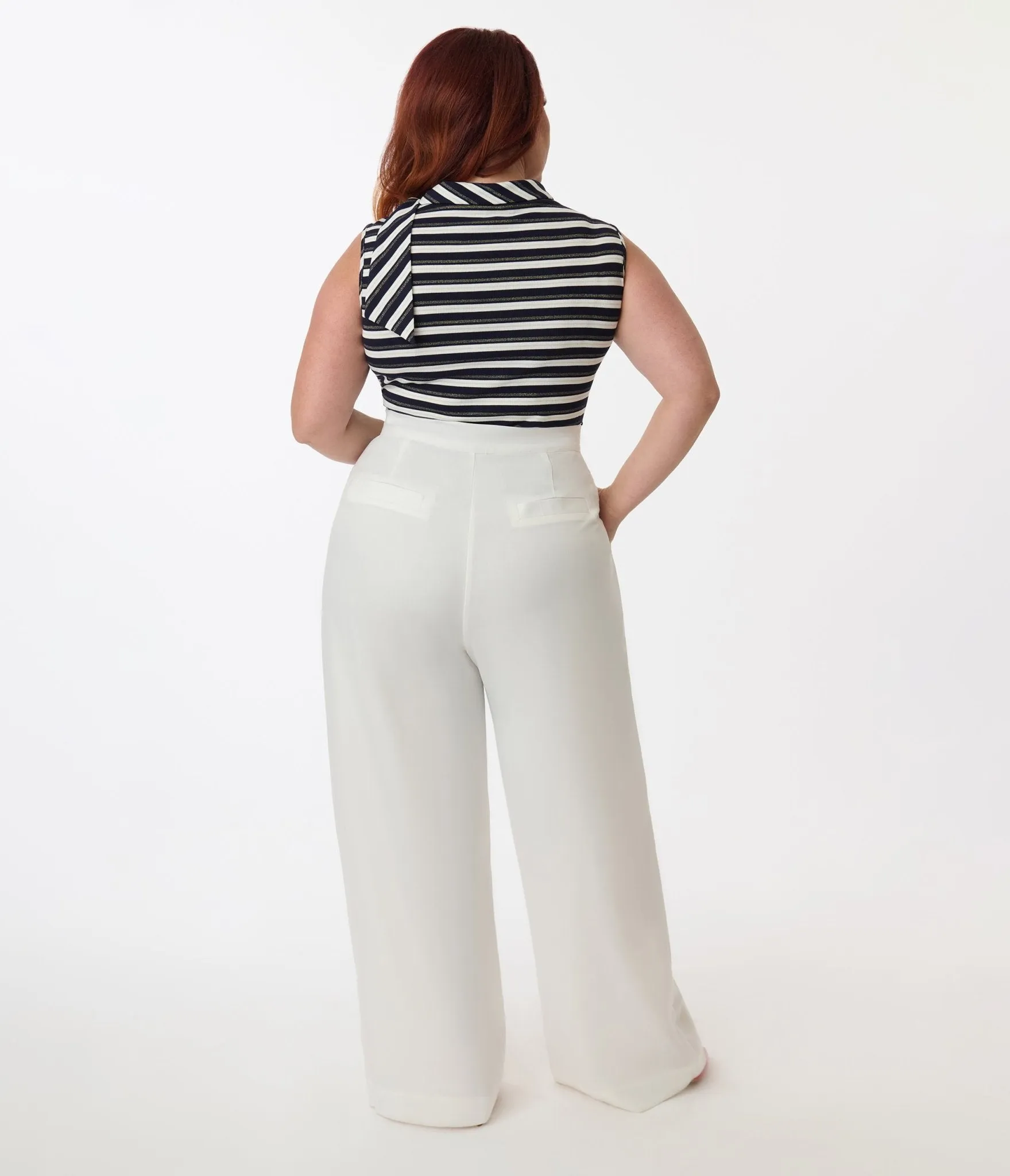 Smak Parlour Plus Size White & Gold Button Wide Leg Sailor Pants Comfortable Travel Wear
