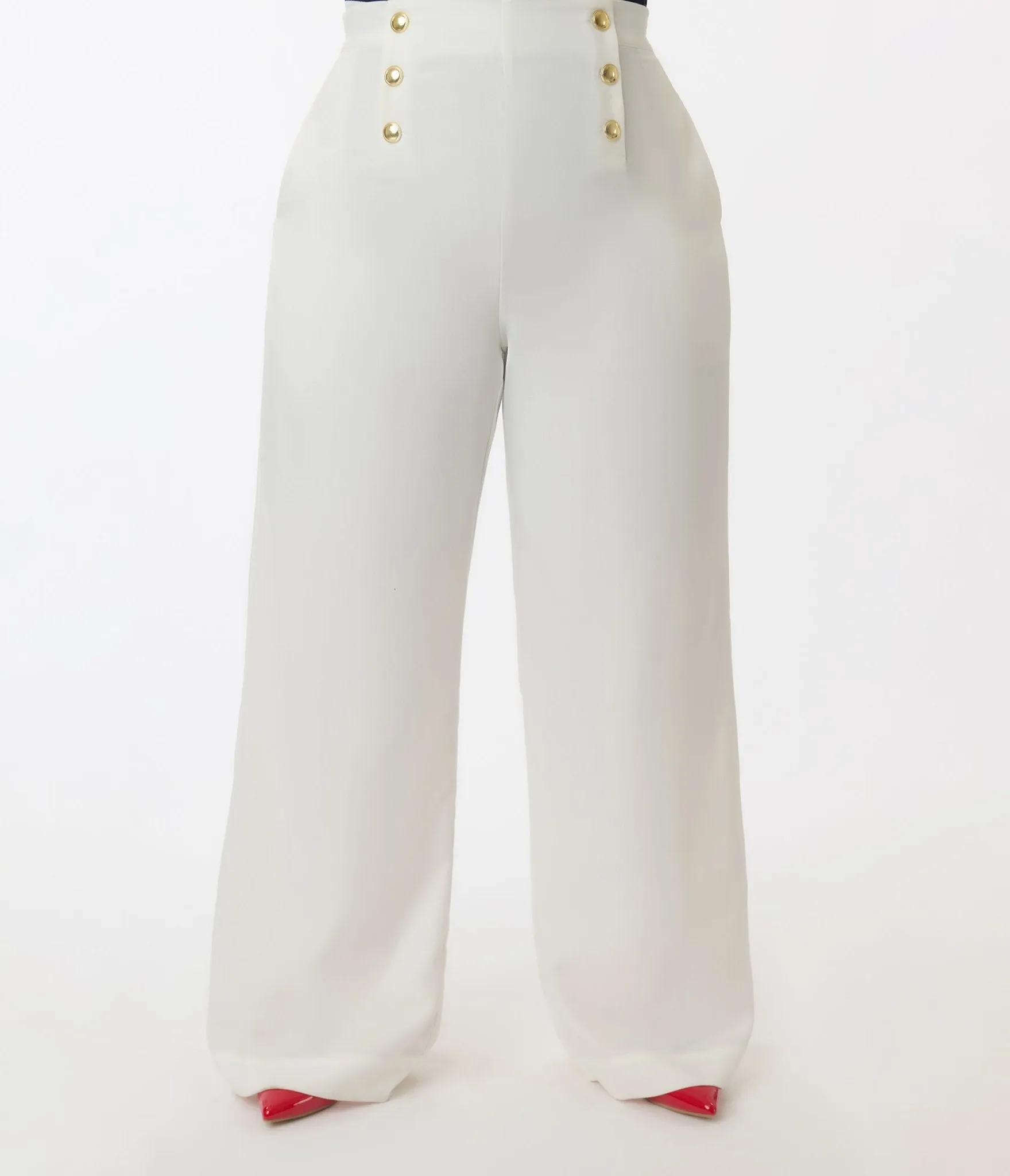 Smak Parlour Plus Size White & Gold Button Wide Leg Sailor Pants Comfortable Travel Wear