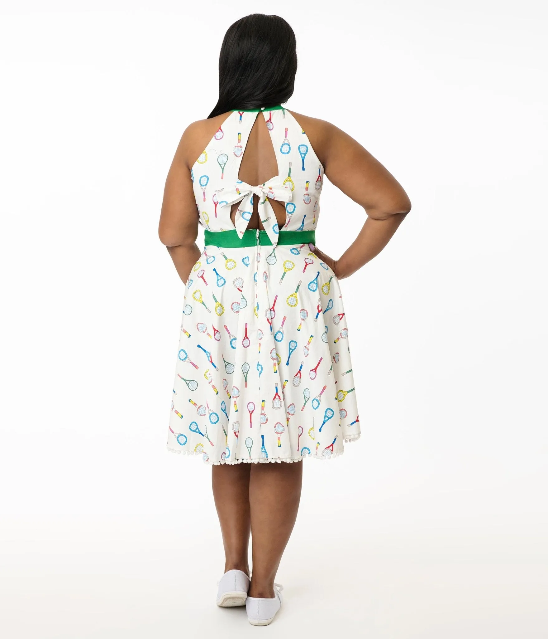 Smak Parlour Plus Size White Tennis Racket Print Cotton Make Me Over Flare Dress Casual Everyday Look
