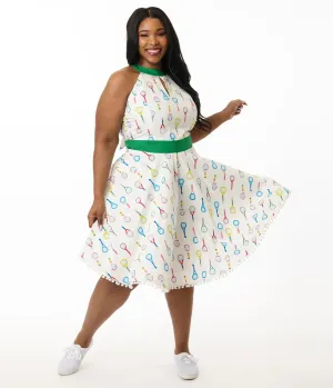 Smak Parlour Plus Size White Tennis Racket Print Cotton Make Me Over Flare Dress Casual Everyday Look