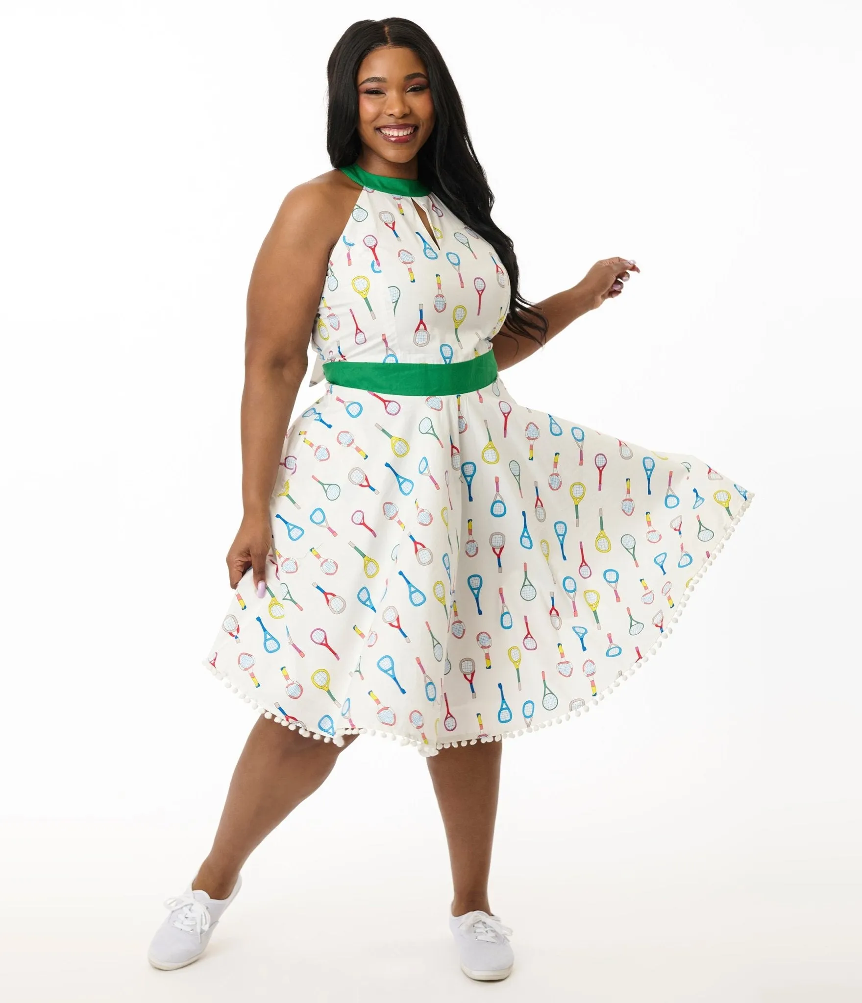 Smak Parlour Plus Size White Tennis Racket Print Cotton Make Me Over Flare Dress Casual Everyday Look