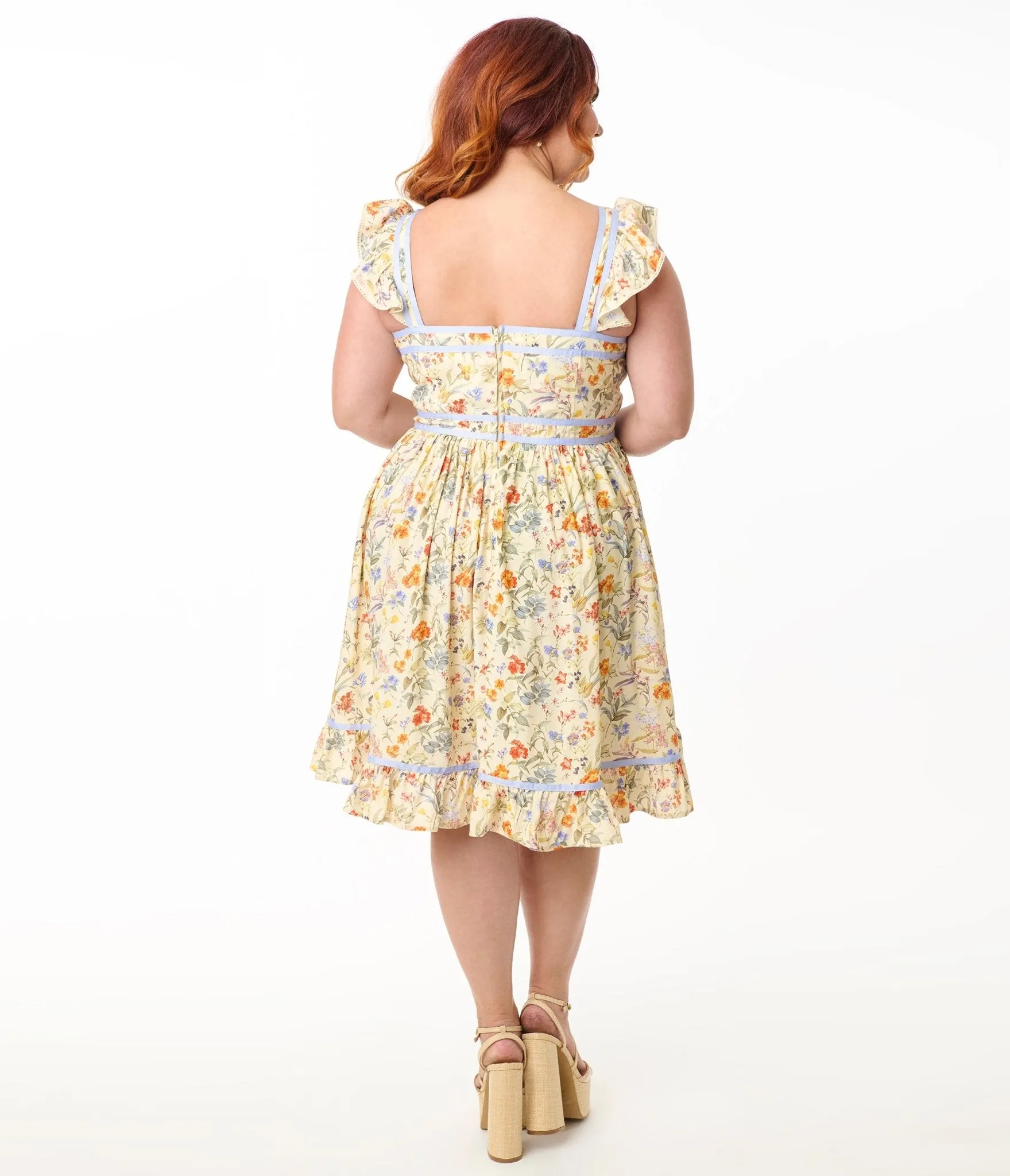 Smak Parlour Plus Size Yellow & Periwinkle Floral Corset Fit & Flare Dress Casual Everyday Look
