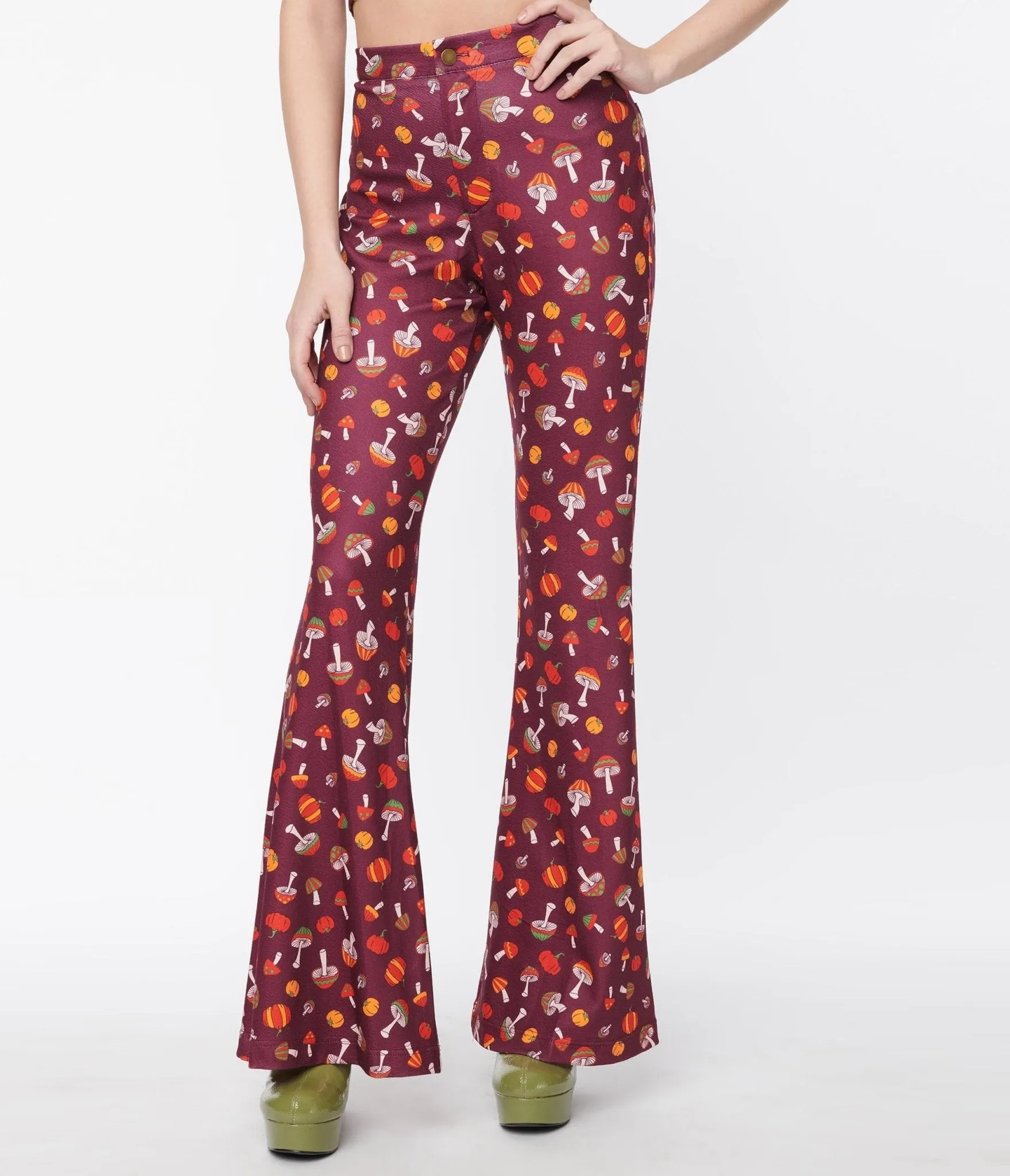 Smak Parlour Purple 1970s Pumpkin & Mushrooms Find Your Flare Pants Comfortable Travel Wear