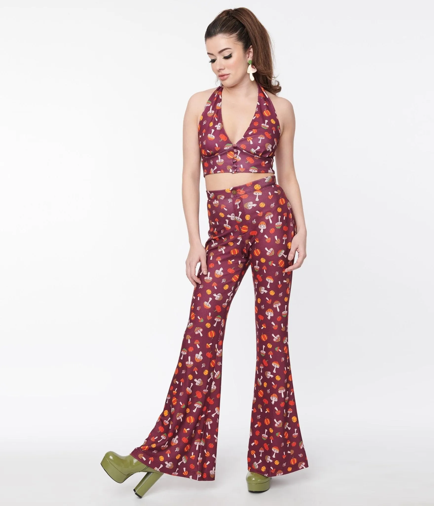 Smak Parlour Purple 1970s Pumpkin & Mushrooms Find Your Flare Pants Comfortable Travel Wear