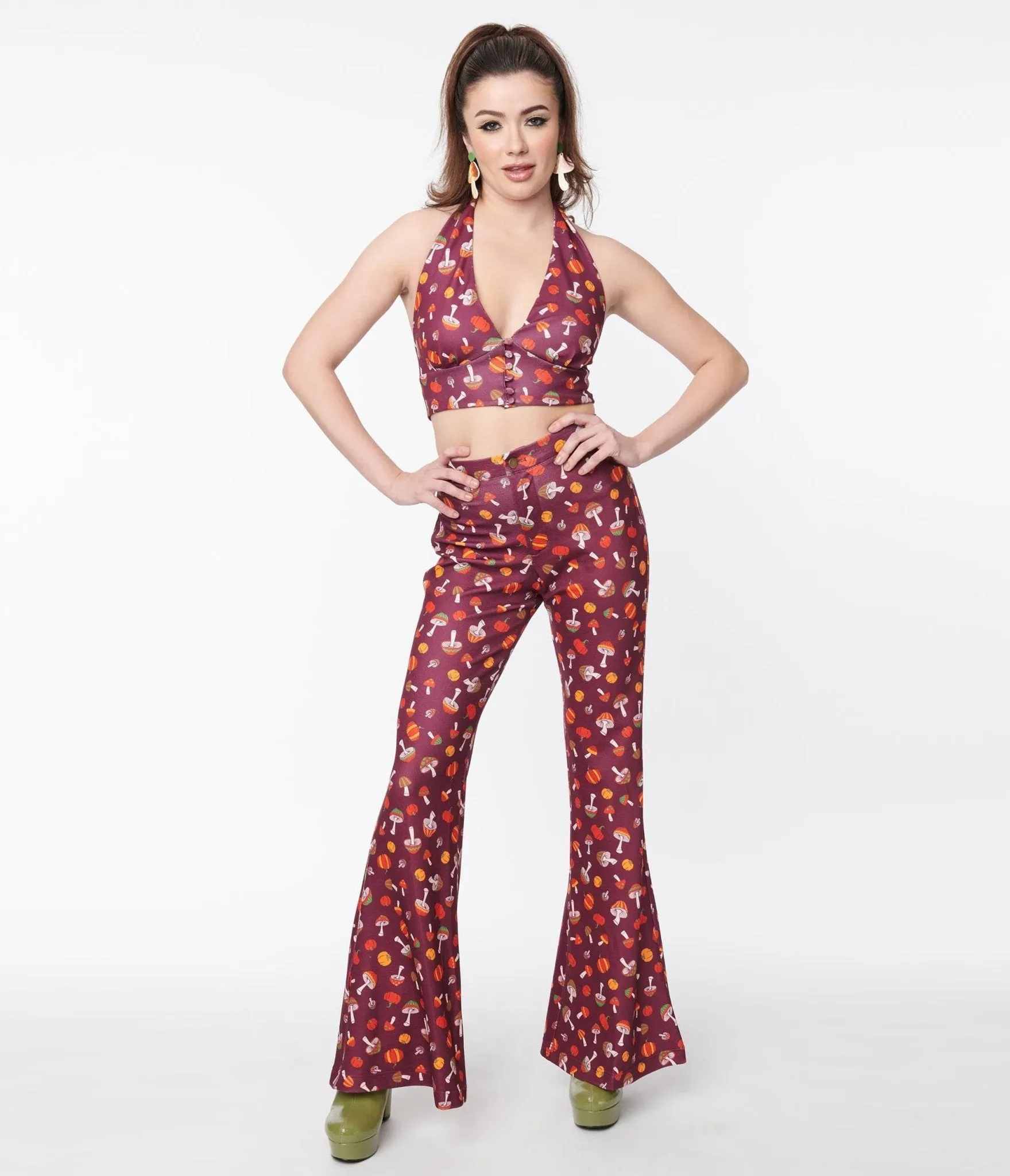 Smak Parlour Purple 1970s Pumpkin & Mushrooms Find Your Flare Pants Comfortable Travel Wear