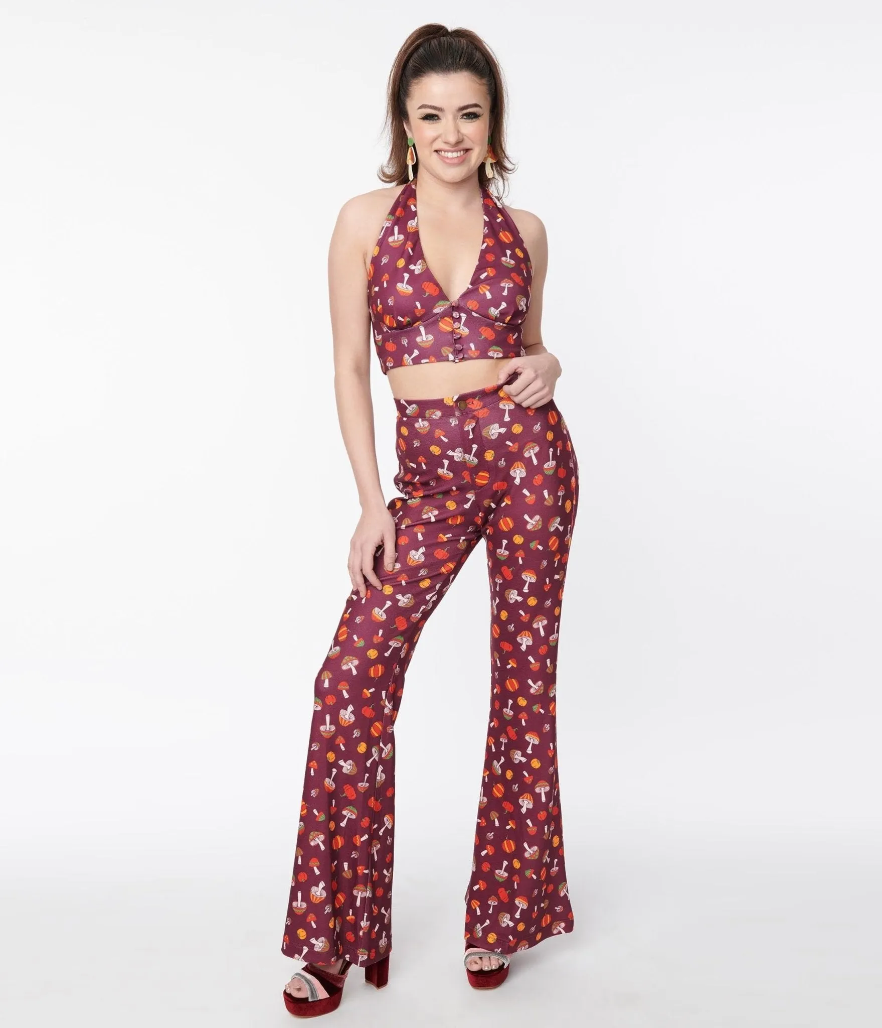 Smak Parlour Purple 1970s Pumpkin & Mushrooms Find Your Flare Pants Comfortable Travel Wear