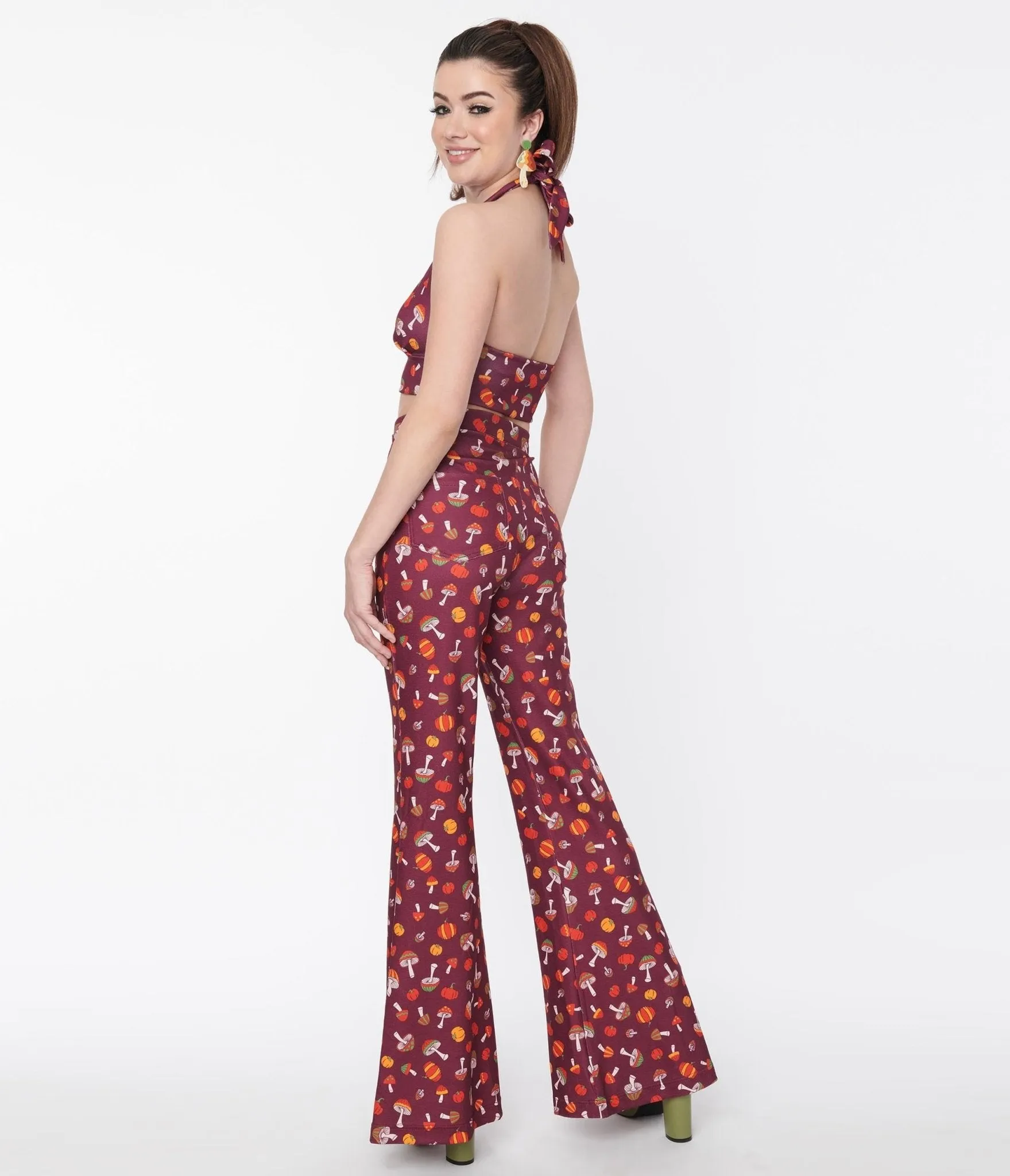 Smak Parlour Purple 1970s Pumpkin & Mushrooms Find Your Flare Pants Comfortable Travel Wear
