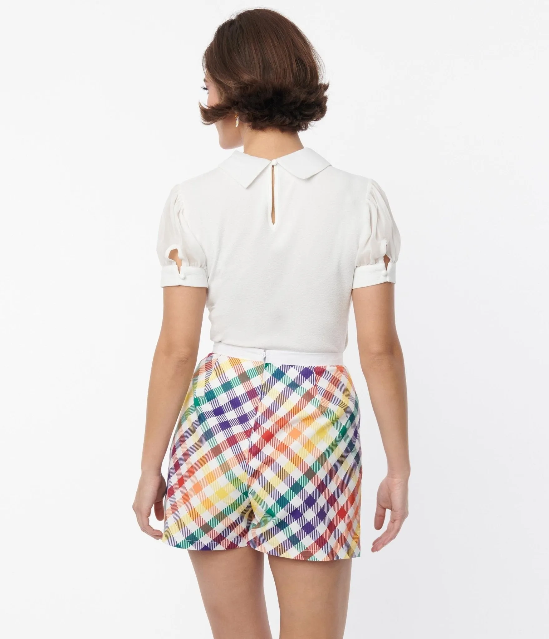 Smak Parlour Rainbow Gingham Faux Wrap Scalloped Skort Comfortable Travel Wear