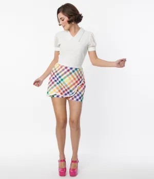Smak Parlour Rainbow Gingham Faux Wrap Scalloped Skort Comfortable Travel Wear