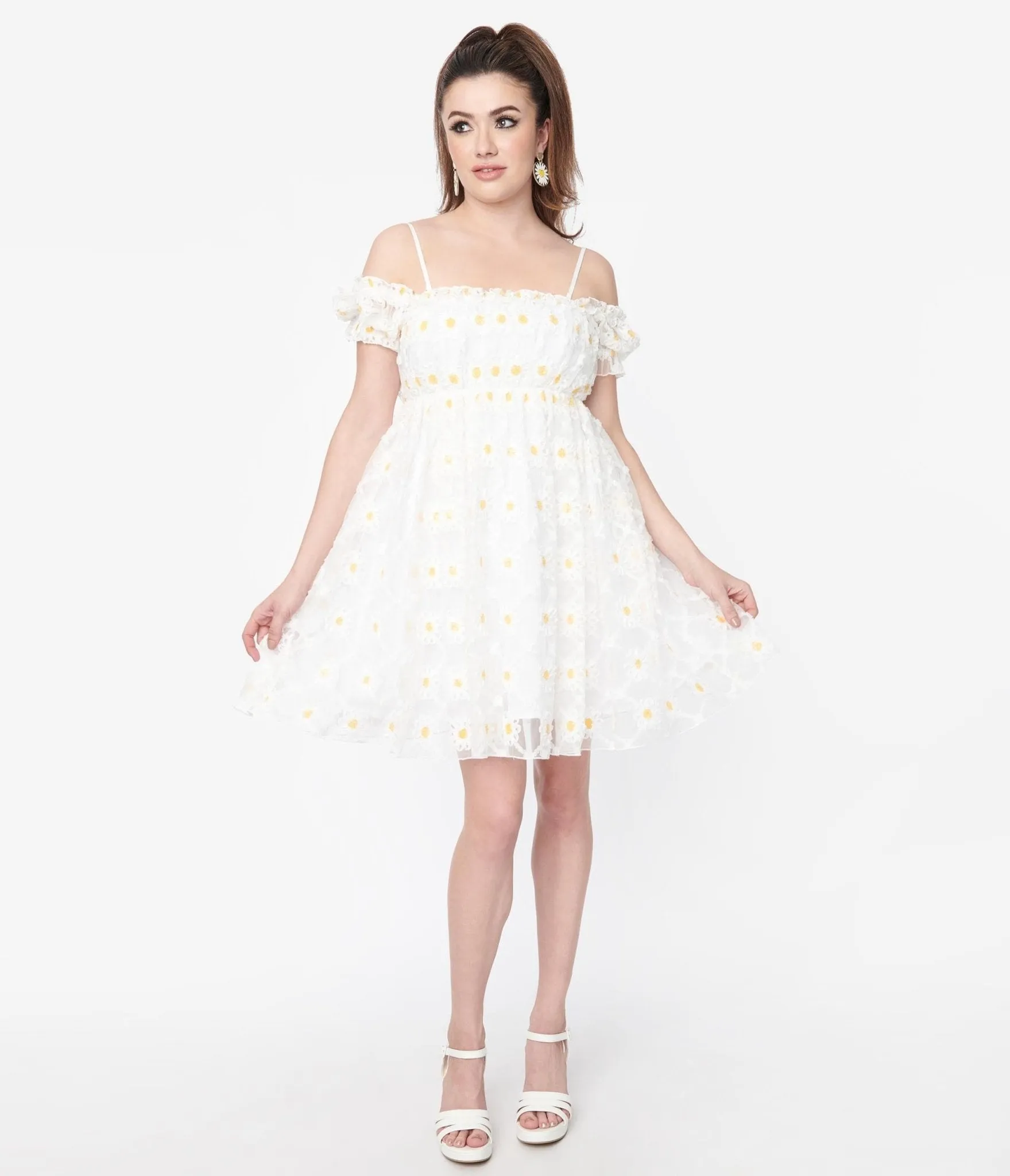 Smak Parlour White Daisy Off the Shoulder Babydoll Dress Casual Everyday Look