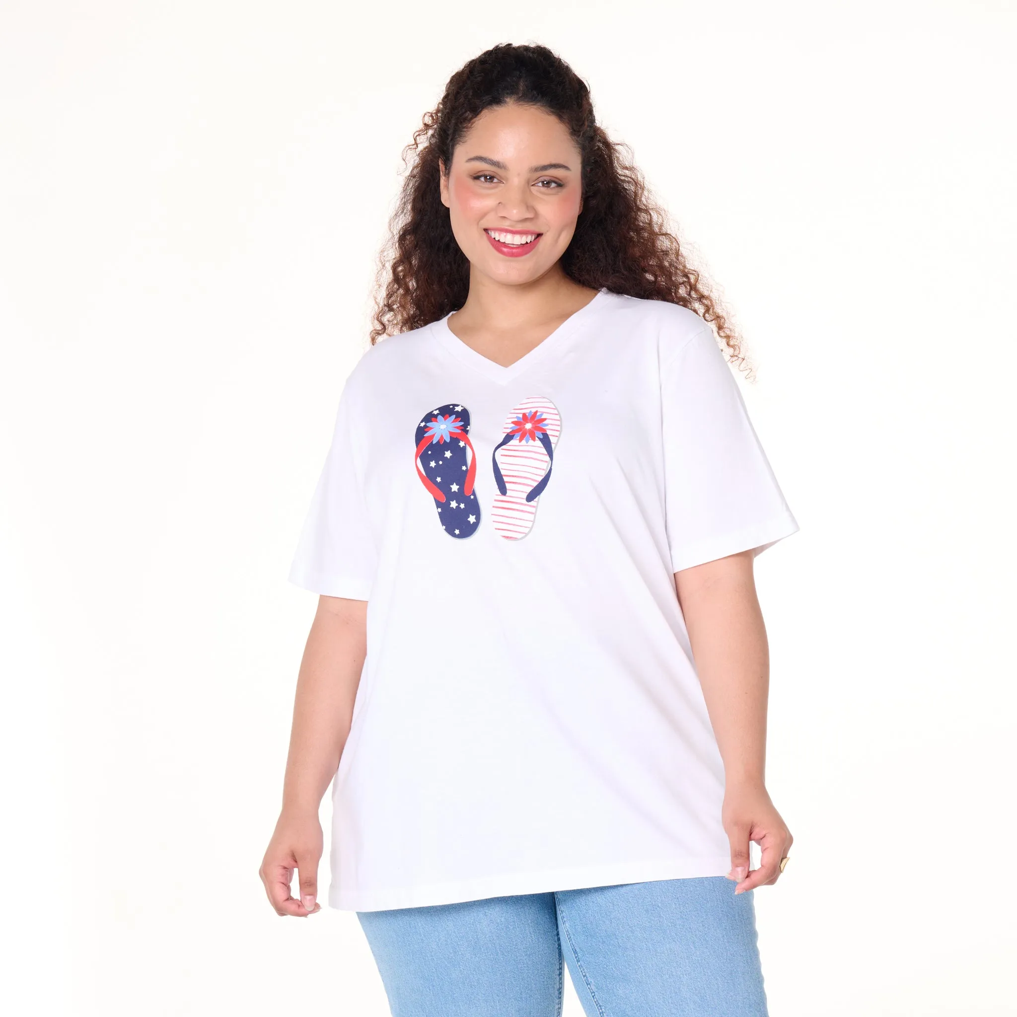 Stars & Stripes Flip Flop V-Neck T | Plus Size Weekend Relaxed Look
