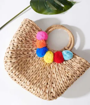 Tan Pom Pom Woven Bag Fun Outing