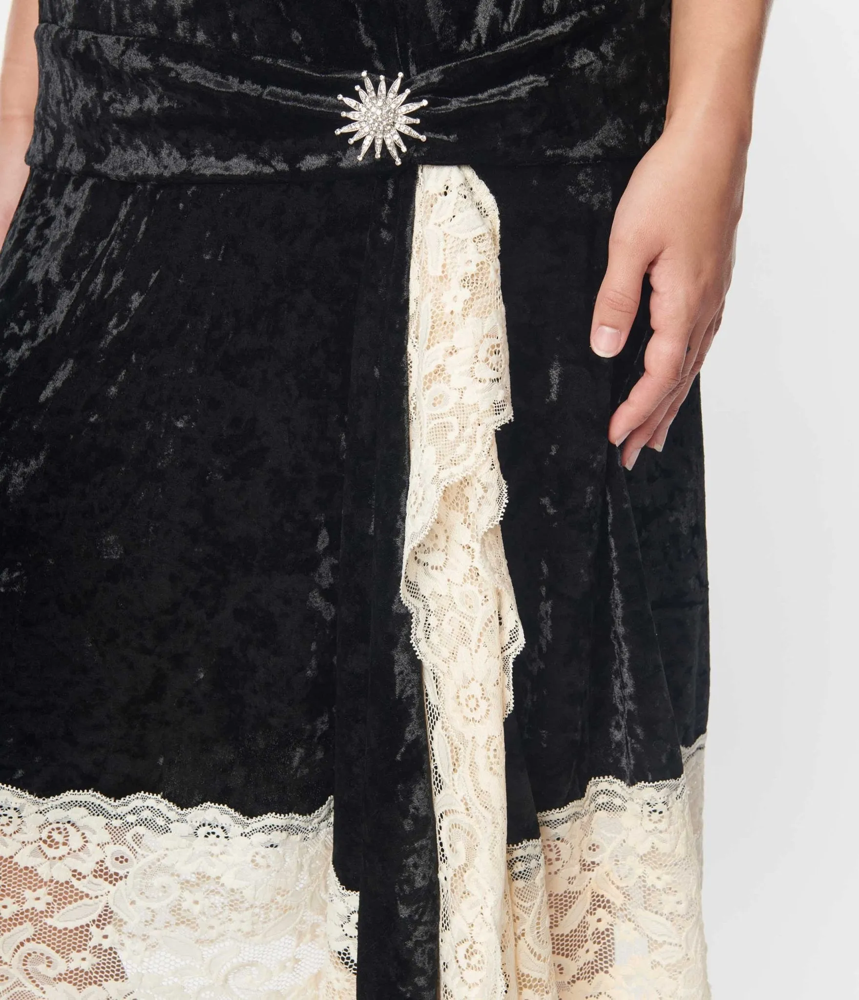 Unique Vintage 1920s Black & Ivory Velvet Lace Flapper Dress Casual Everyday Look