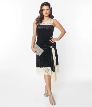 Unique Vintage 1920s Black & Ivory Velvet Lace Flapper Dress Casual Everyday Look