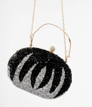 Unique Vintage 1920s Black Beaded & Silver Rhinestone Spooky Clutch Purse Fun Outing