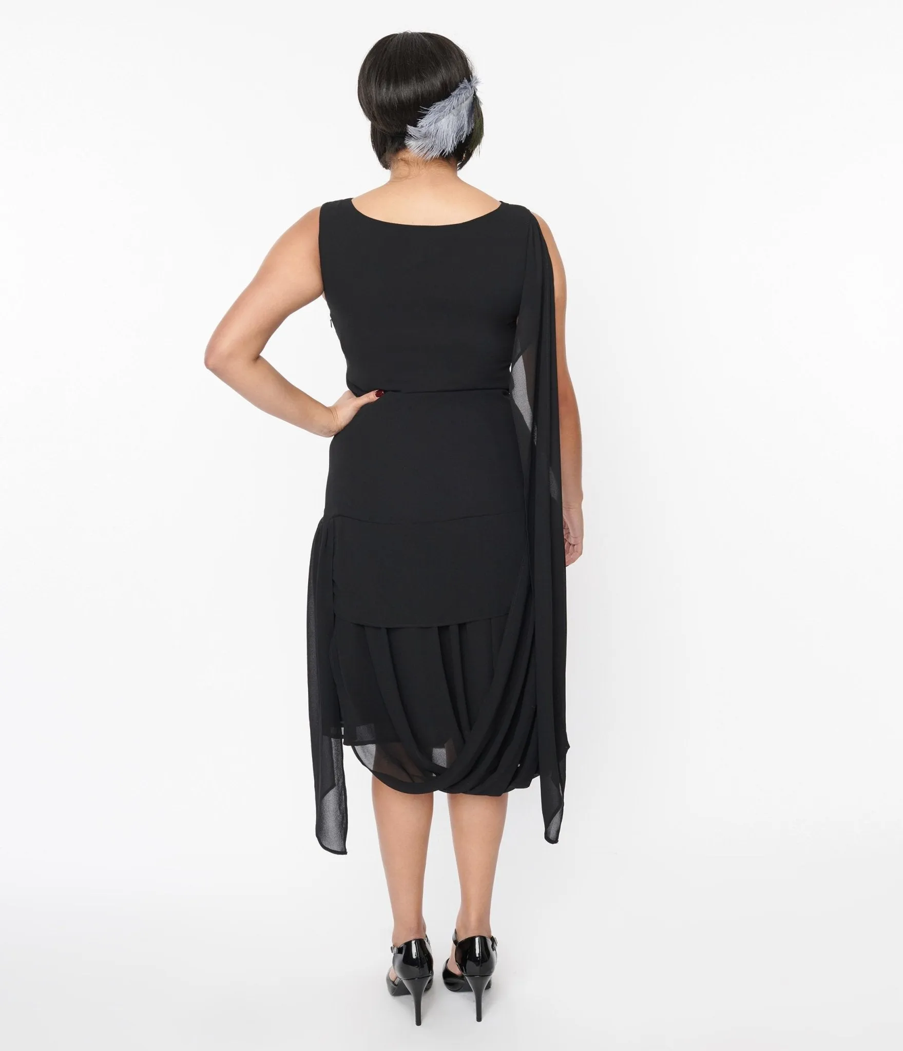 Unique Vintage 1920s Black Draped Flapper Dress Casual Everyday Look