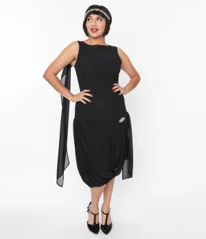Unique Vintage 1920s Black Draped Flapper Dress Casual Everyday Look