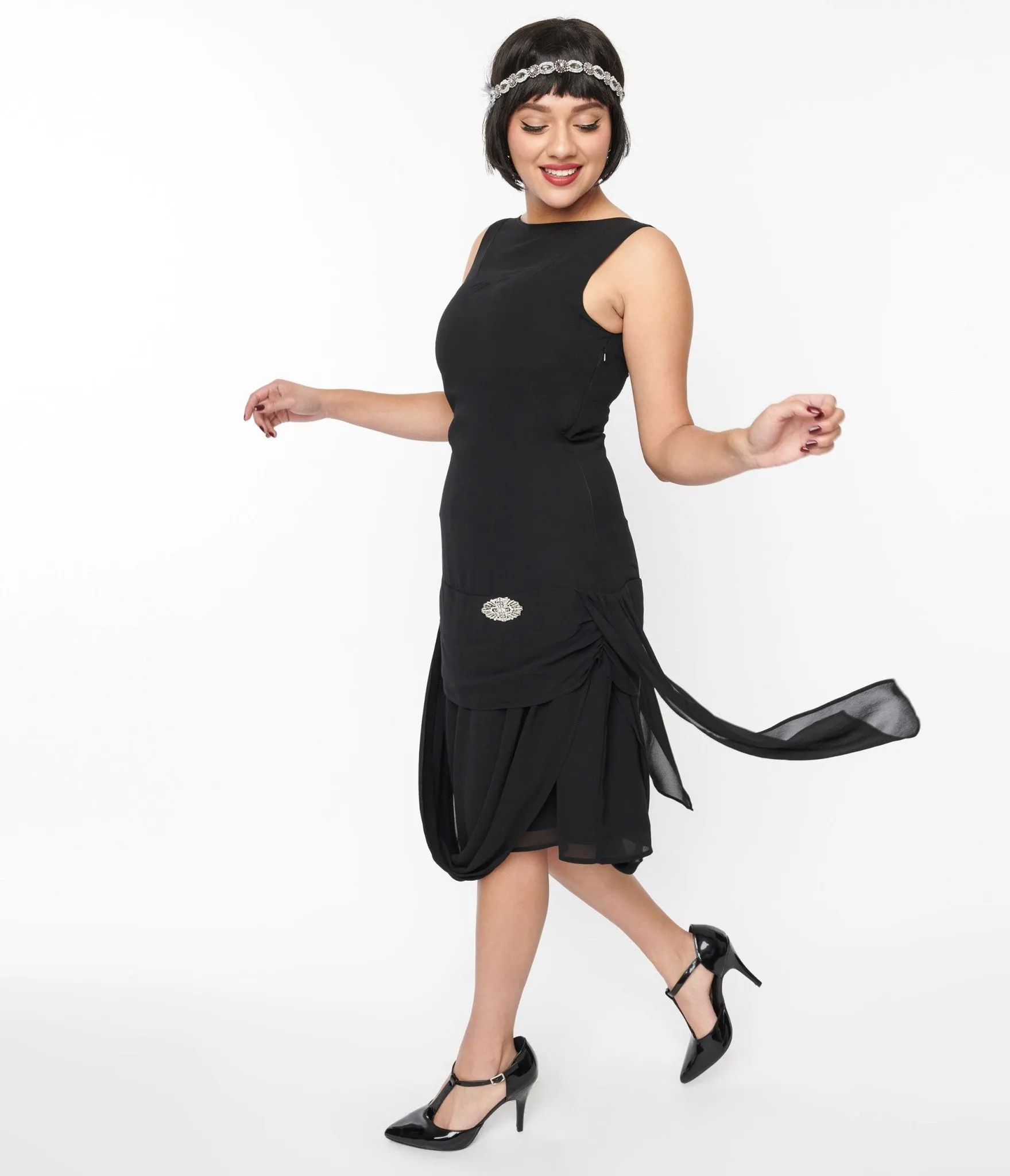 Unique Vintage 1920s Black Draped Flapper Dress Casual Everyday Look