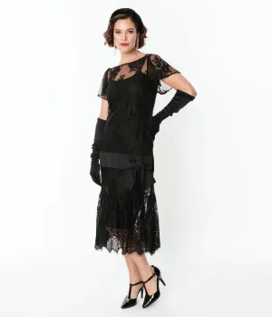 Unique Vintage 1920s Black Lace & Bow Flapper Dress Casual Everyday Look