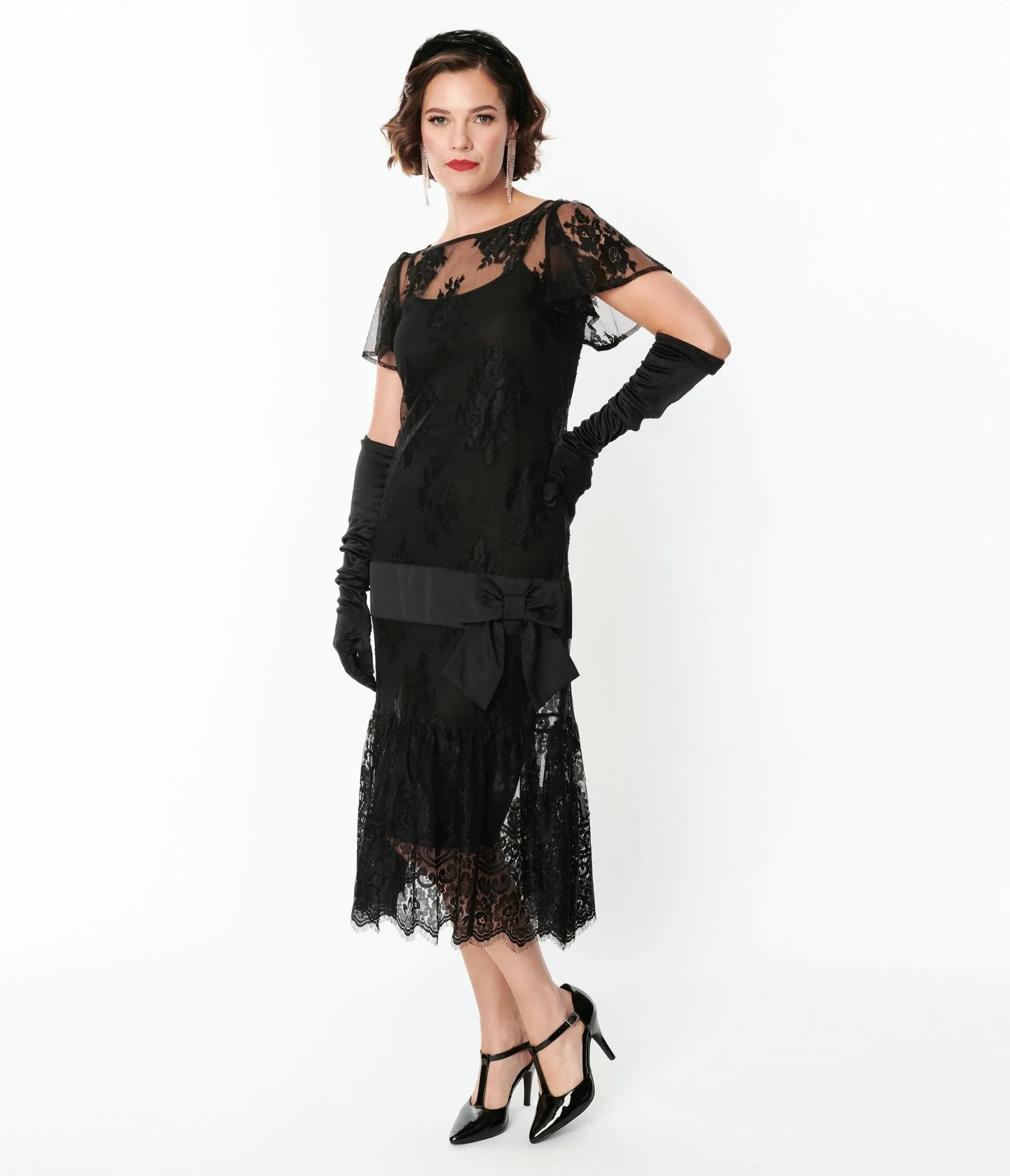 Unique Vintage 1920s Black Lace & Bow Flapper Dress Casual Everyday Look
