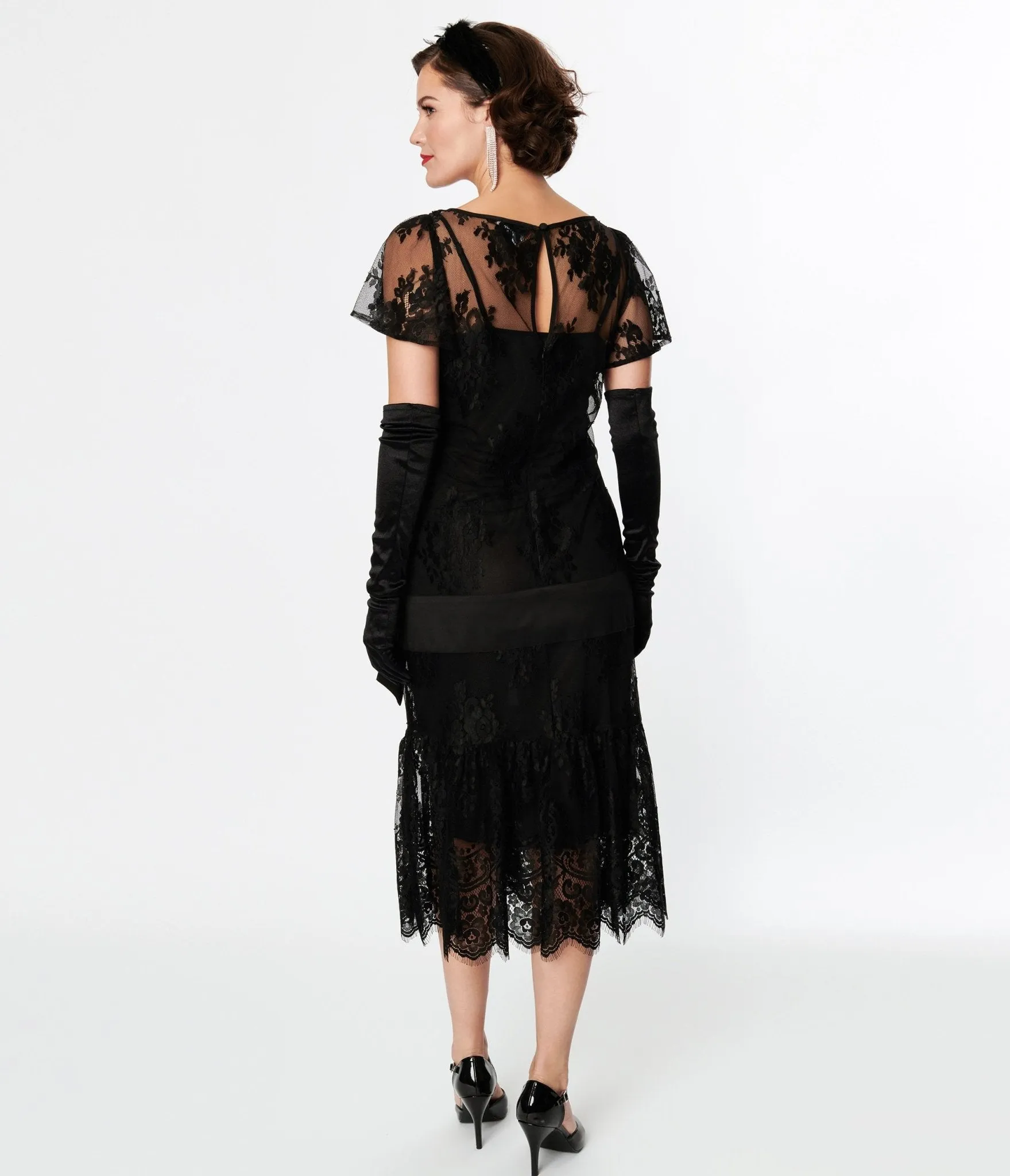Unique Vintage 1920s Black Lace & Bow Flapper Dress Casual Everyday Look