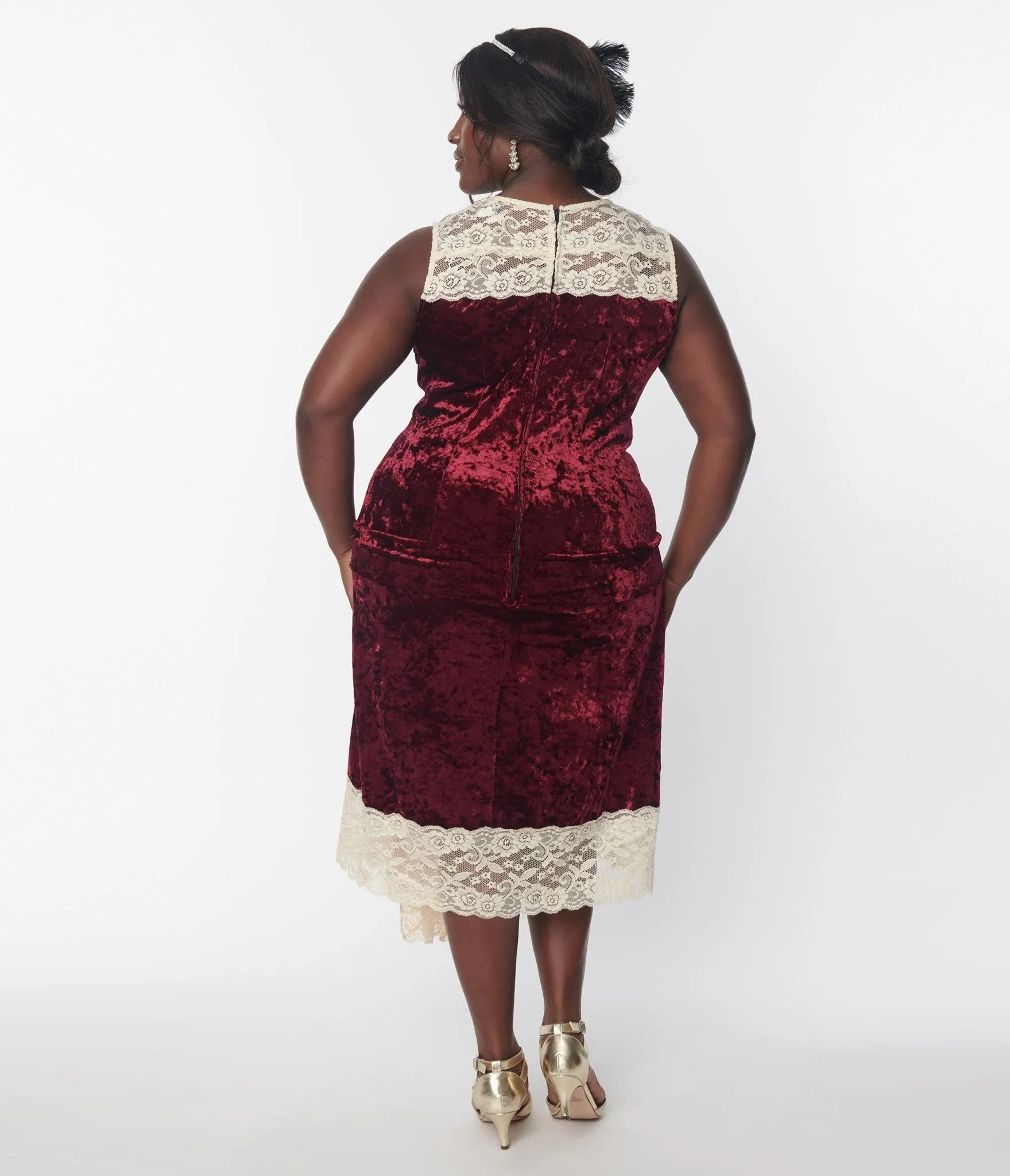 Unique Vintage 1920s  Burgundy Crushed Velvet & Ivory Lace Flapper Dress Casual Everyday Look