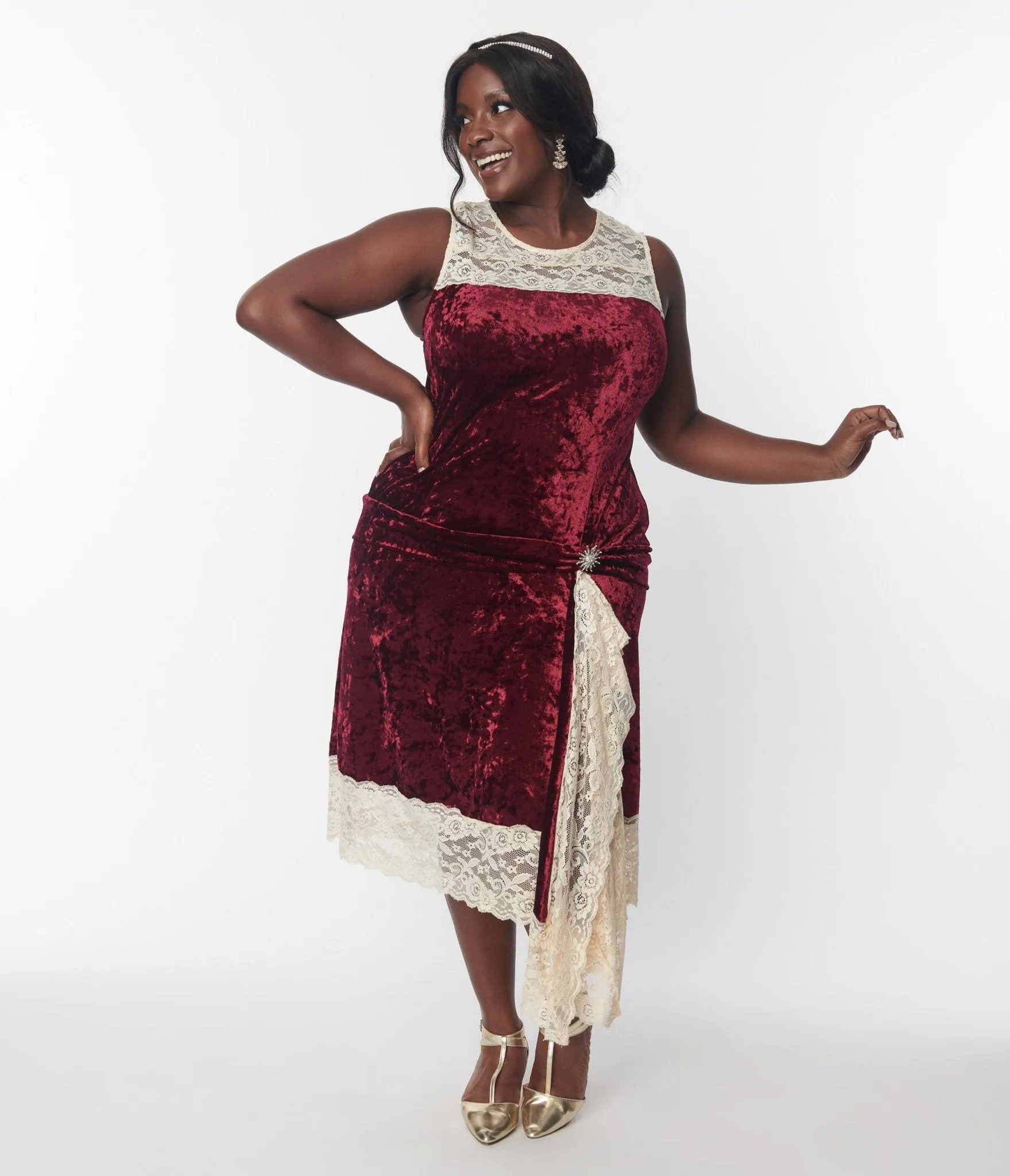 Unique Vintage 1920s  Burgundy Crushed Velvet & Ivory Lace Flapper Dress Casual Everyday Look